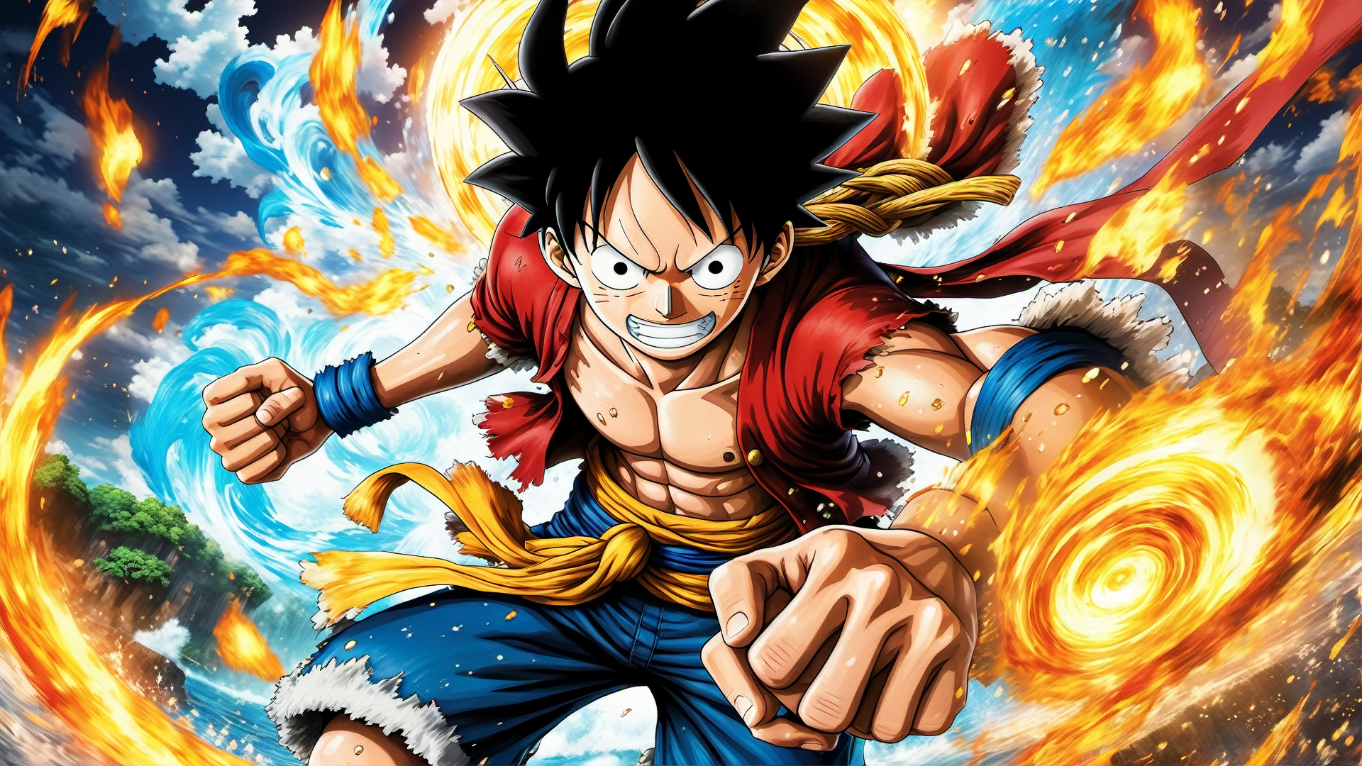 General 1920x1080 AI art One Piece Monkey D. Luffy muscles anime boys digital art looking at viewer sky clouds fist water abs