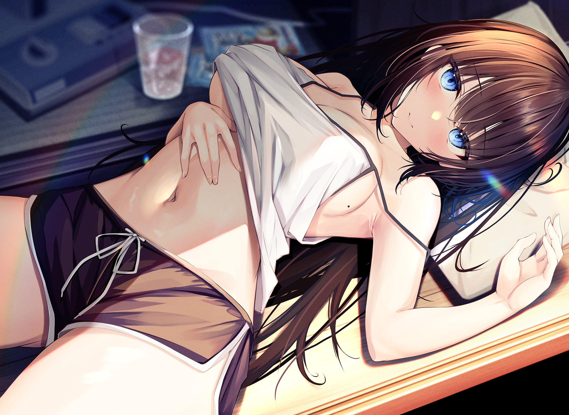 Anime 1920x1400 anime anime girls short shorts blushing cup big boobs long hair brunette blue eyes sideboob looking at viewer sunlight lying down lying on back moles mole on breast lifted tank top smiling hand on belly