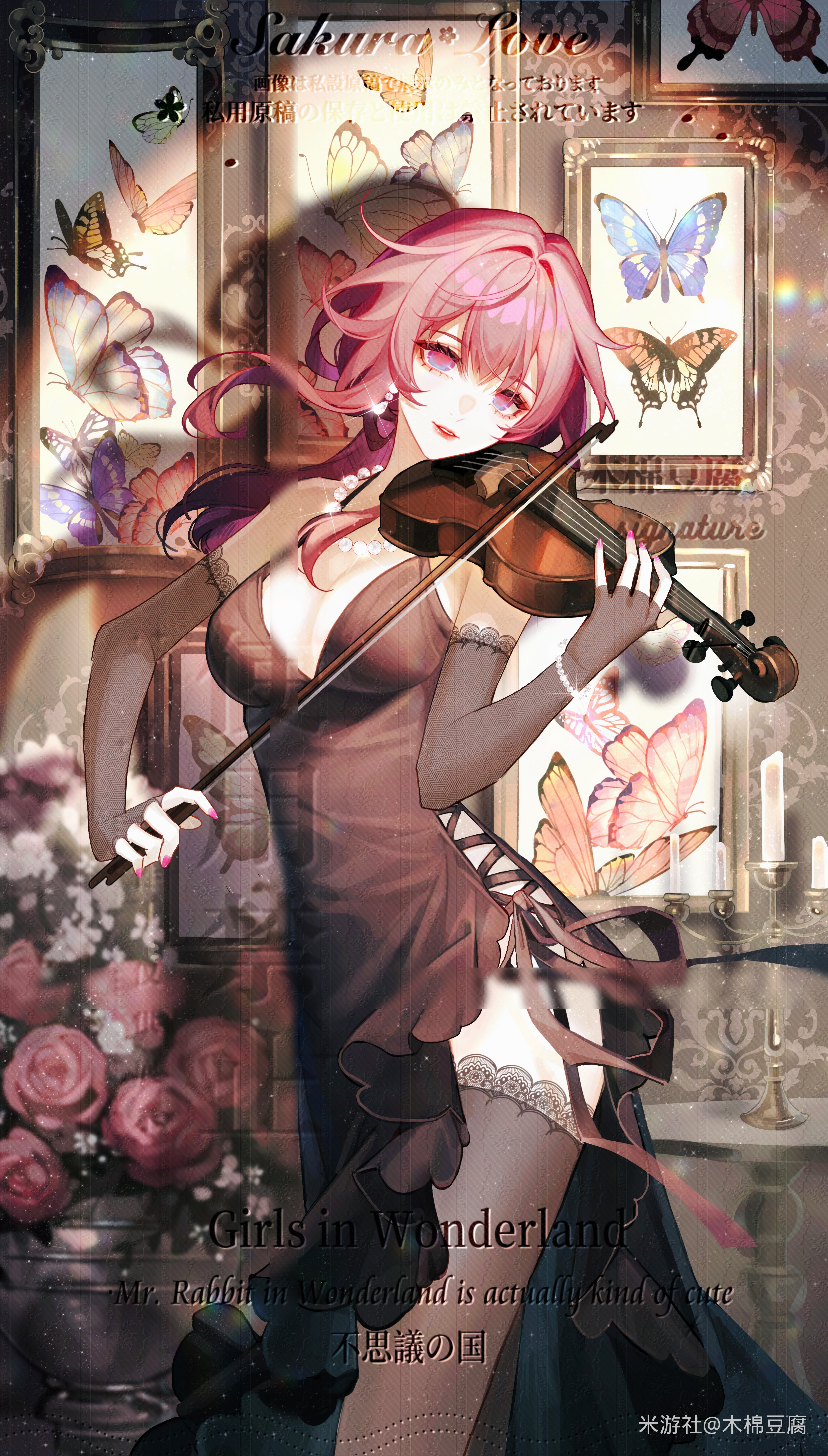 Anime 3300x5800 Kafka (Honkai: Star Rail) musical instrument violin black dress anime girls Honkai: Star Rail anime looking at viewer dress butterfly picture picture frames Japanese flowers insect candles cleavage elbow gloves pearl bracelet portrait display long hair watermarked