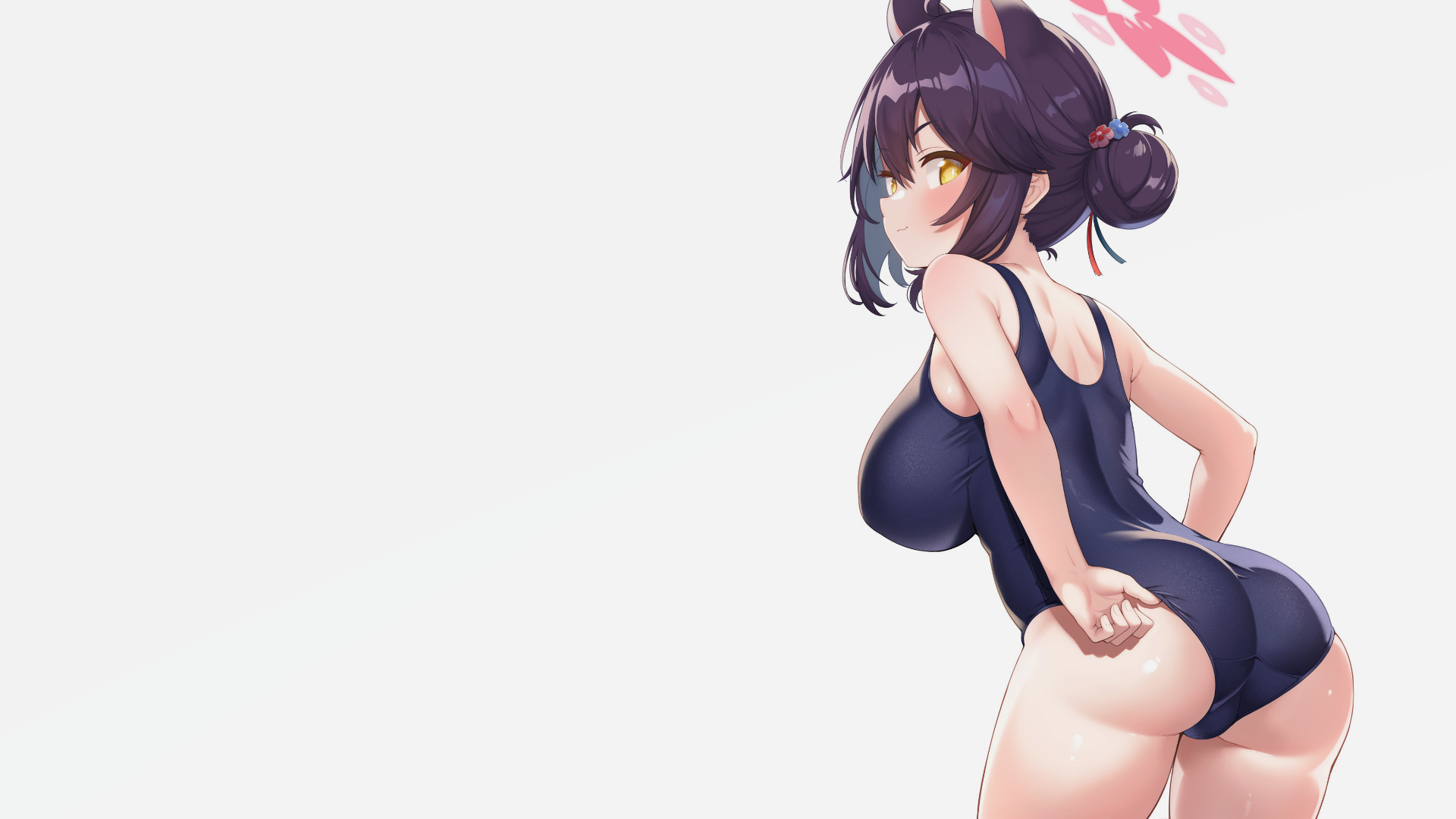 Anime 1920x1080 big boobs school swimsuits simple background boobs hair between eyes blushing kaede (Blue Archive) skinny Blue Archive anime girls closed mouth short hair huge breasts yellow eyes hairbun sonaokun2 looking at viewer standing one-piece swimsuit anime sideboob rear view leaning arched back ass