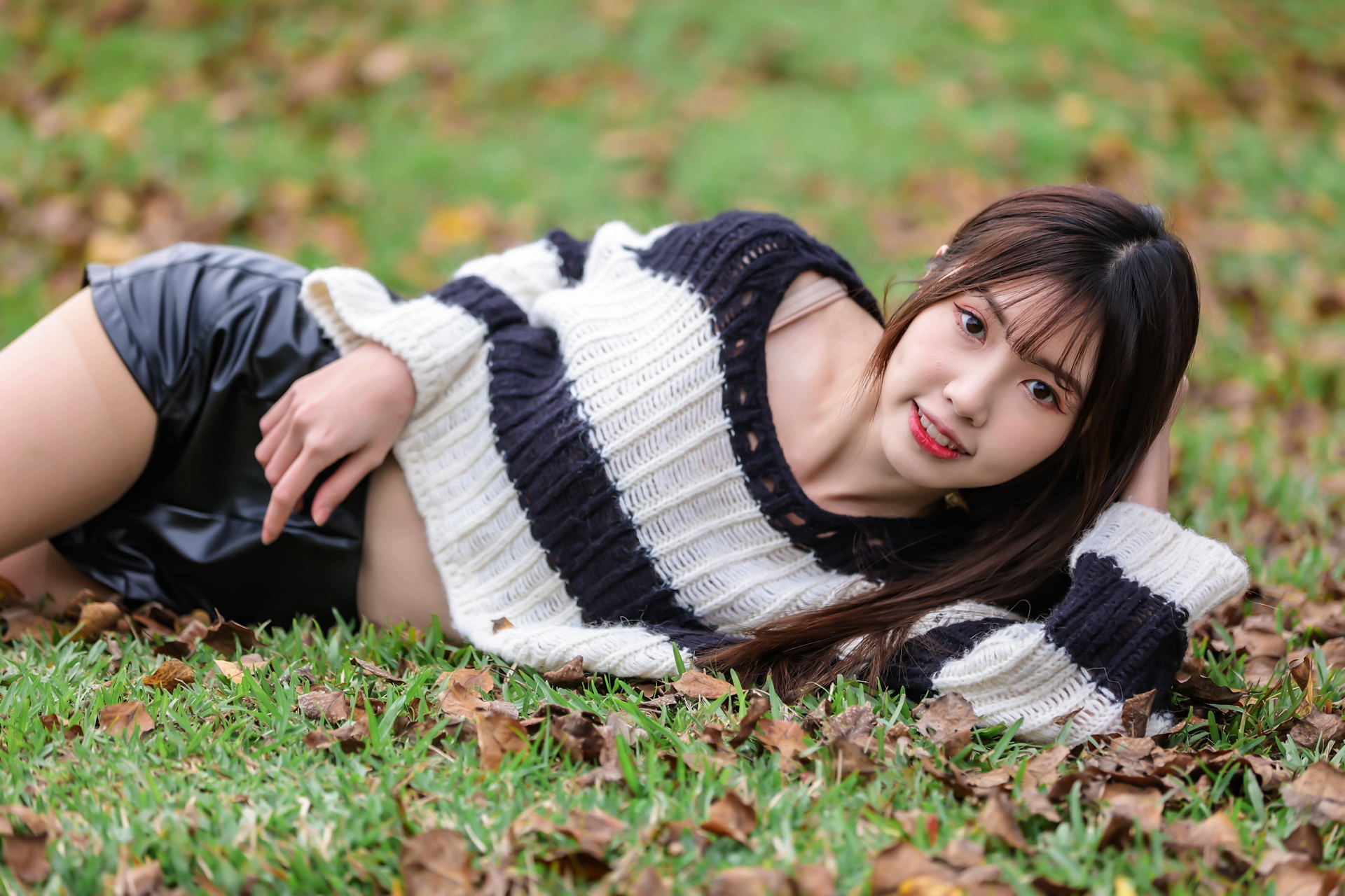People 1920x1280 Asian model women lying on side grass pullover depth of field leaves