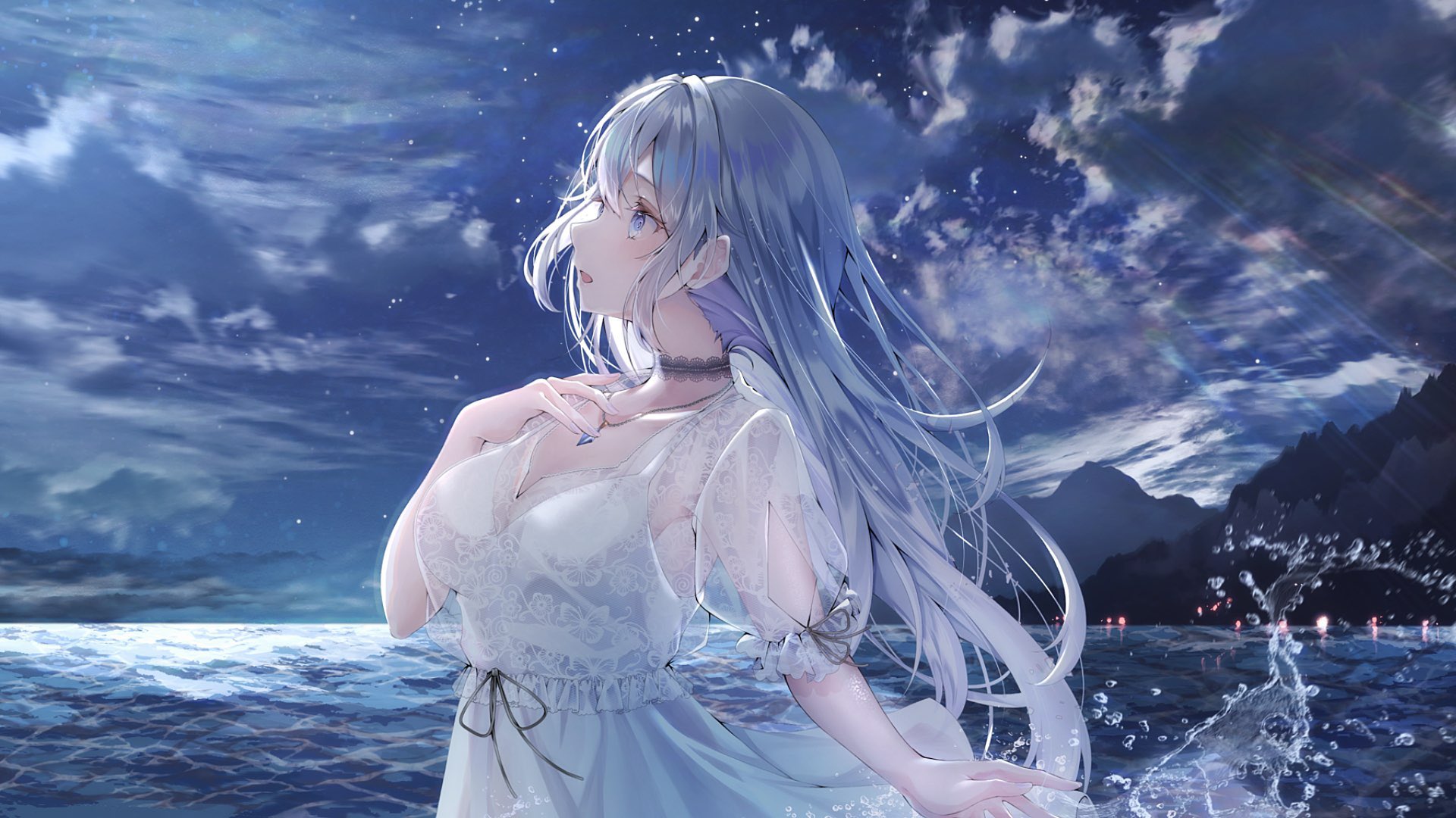 Anime 1920x1080 Kasakai Hikaru long hair looking up white dress women outdoors clouds see-through dress water Aoi Sui Virtual Youtuber indie virtual youtuber sky starred sky starry night open mouth blue eyes blue hair horizon necklace choker stars water drops
