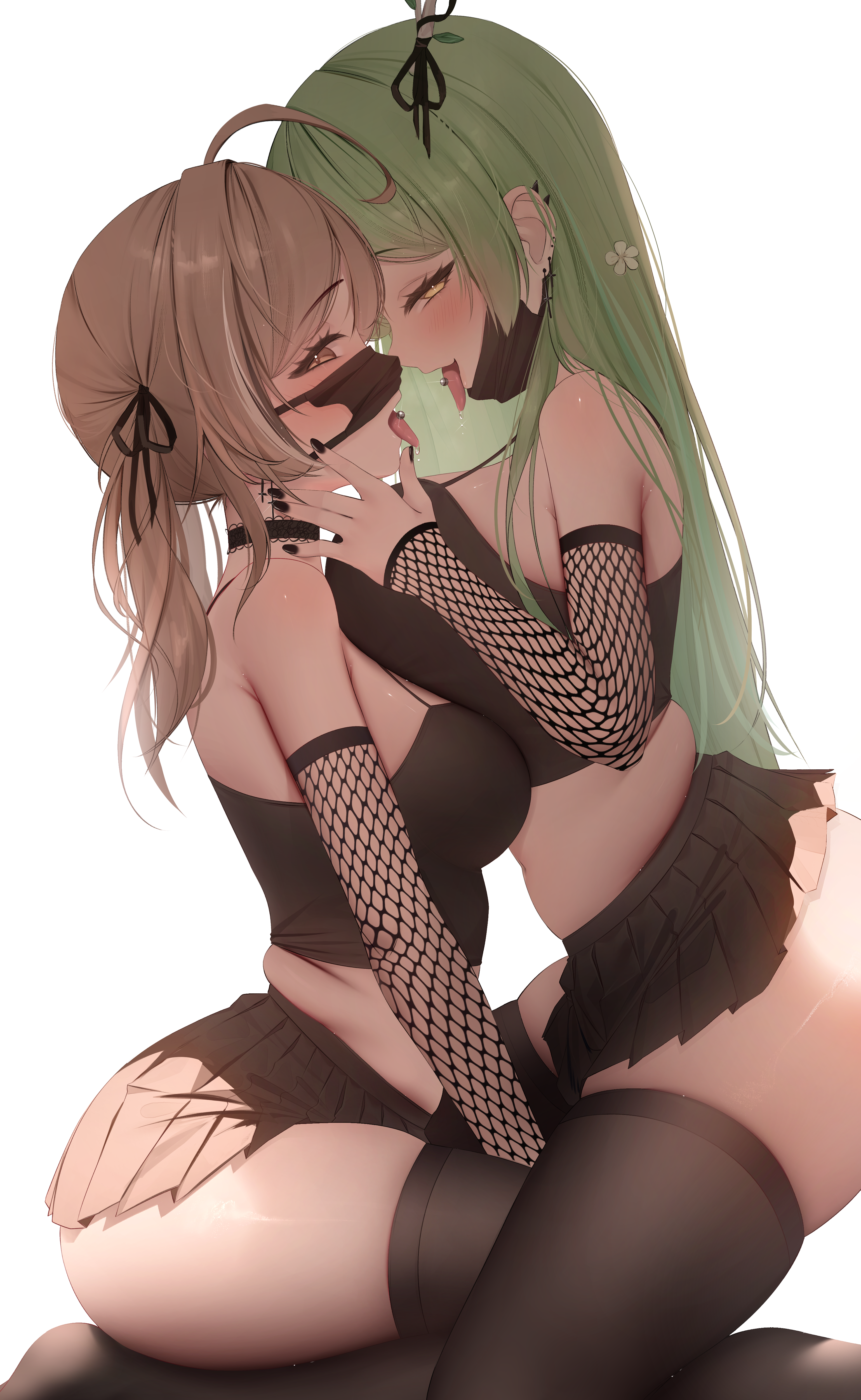 Anime 3078x5006 anime anime girls Virtual Youtuber Hololive Nanashi Mumei yuri Ceres Fauna two women green hair yellow eyes brunette brown eyes painted nails black nails tongue out pierced tongue white background mask simple background prab thigh-highs fishnet miniskirt portrait display blushing ahoge looking at viewer saliva saliva trail