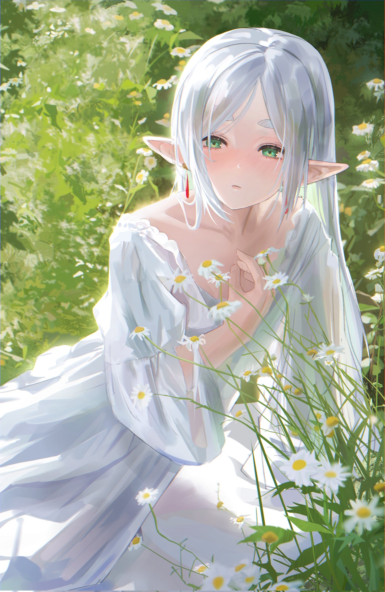 Anime 1334x2048 Sousou No Frieren Frieren anime girls portrait display pointy ears o0hiruko0o looking at viewer flowers women outdoors long hair white dress white flowers elves dress grass white hair green eyes leaves collarbone closed mouth sunlight thick eyebrows earring