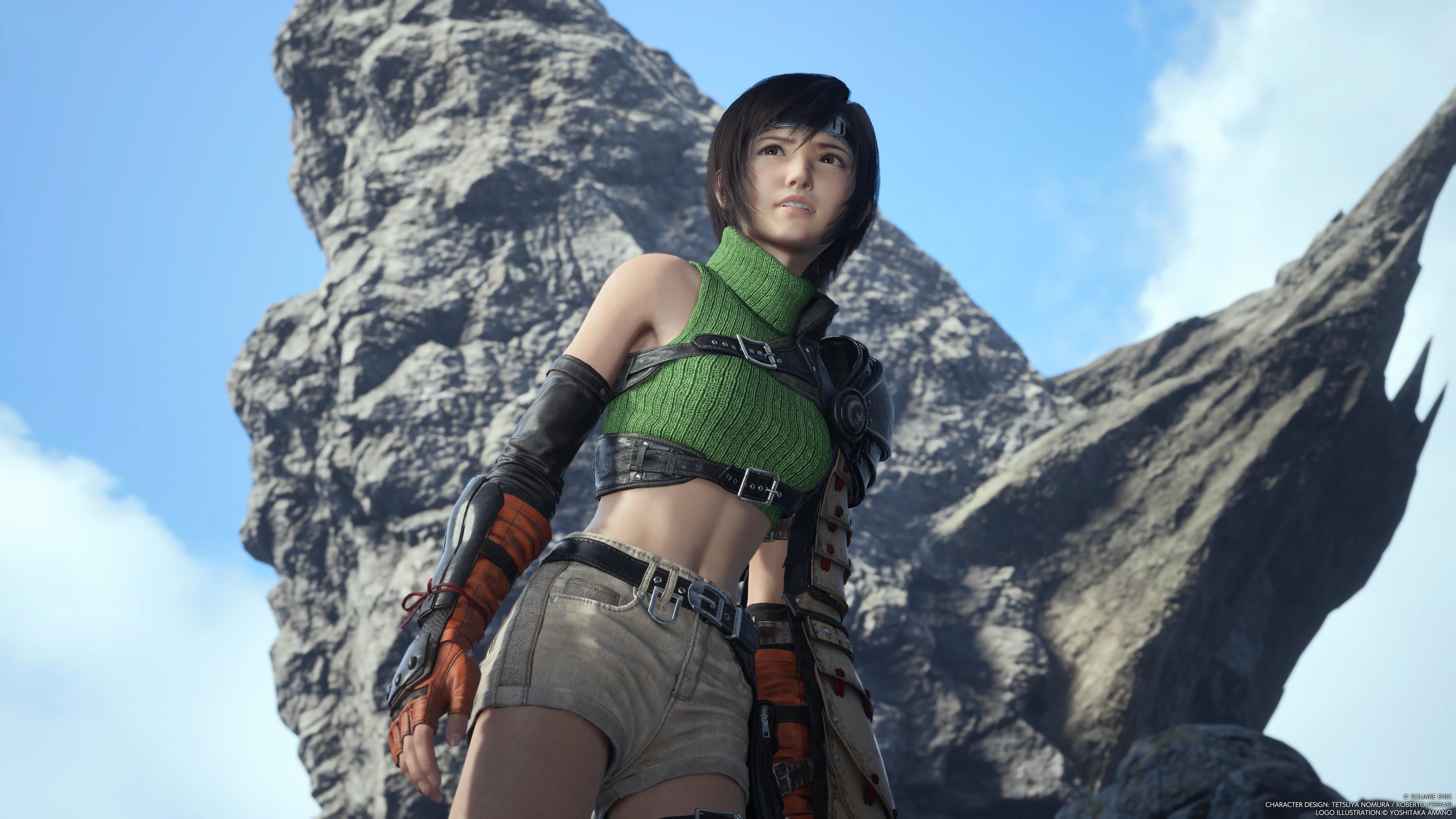 General 3840x2160 Final Fantasy VII: Rebirth Yuffie Kisaragi video games Square Enix looking away video game characters CGI video game girls short hair parted lips brunette brown eyes turtlenecks headband watermarked video game art screen shot one bare shoulder straps green sweater low-angle Final Fantasy sweater Yoshitaka Amano clouds teeth