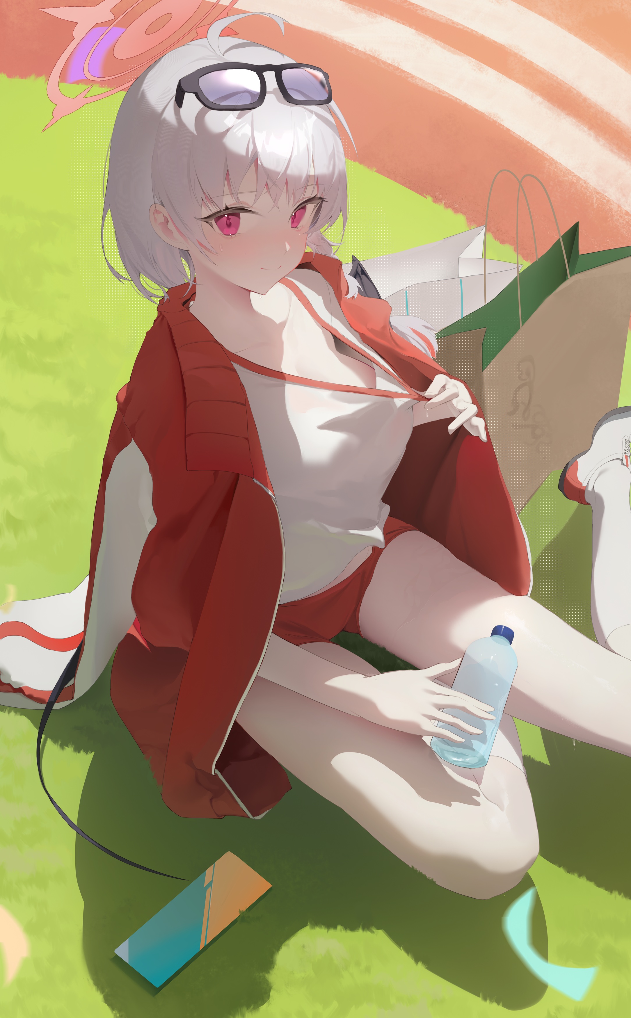 Anime 2169x3500 Chong Sang Jun anime anime girls Blue Archive Haruna (Blue Archive) legs portrait display jacket open jacket buruma gym clothes bent legs looking at viewer short hair sunlight race tracks shopping bags skinny pulling clothing smiling water bottle on the ground sunglasses purple eyes women with shades grass white hair knee high socks white socks socks