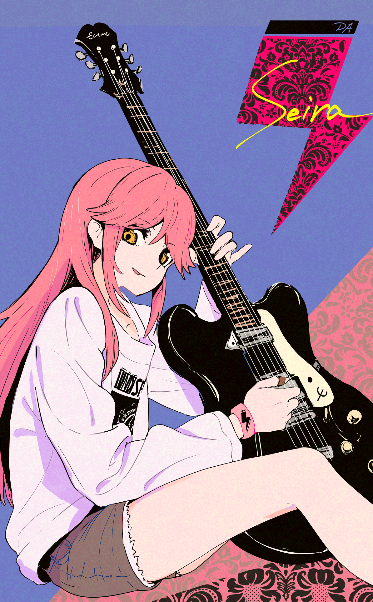 Anime 1194x1926 Cogecha anime girls guitar electric guitar pink hair wristband musical instrument shorts long hair portrait display looking at viewer sitting simple background legs long sleeves bracelets signature smiling jean shorts