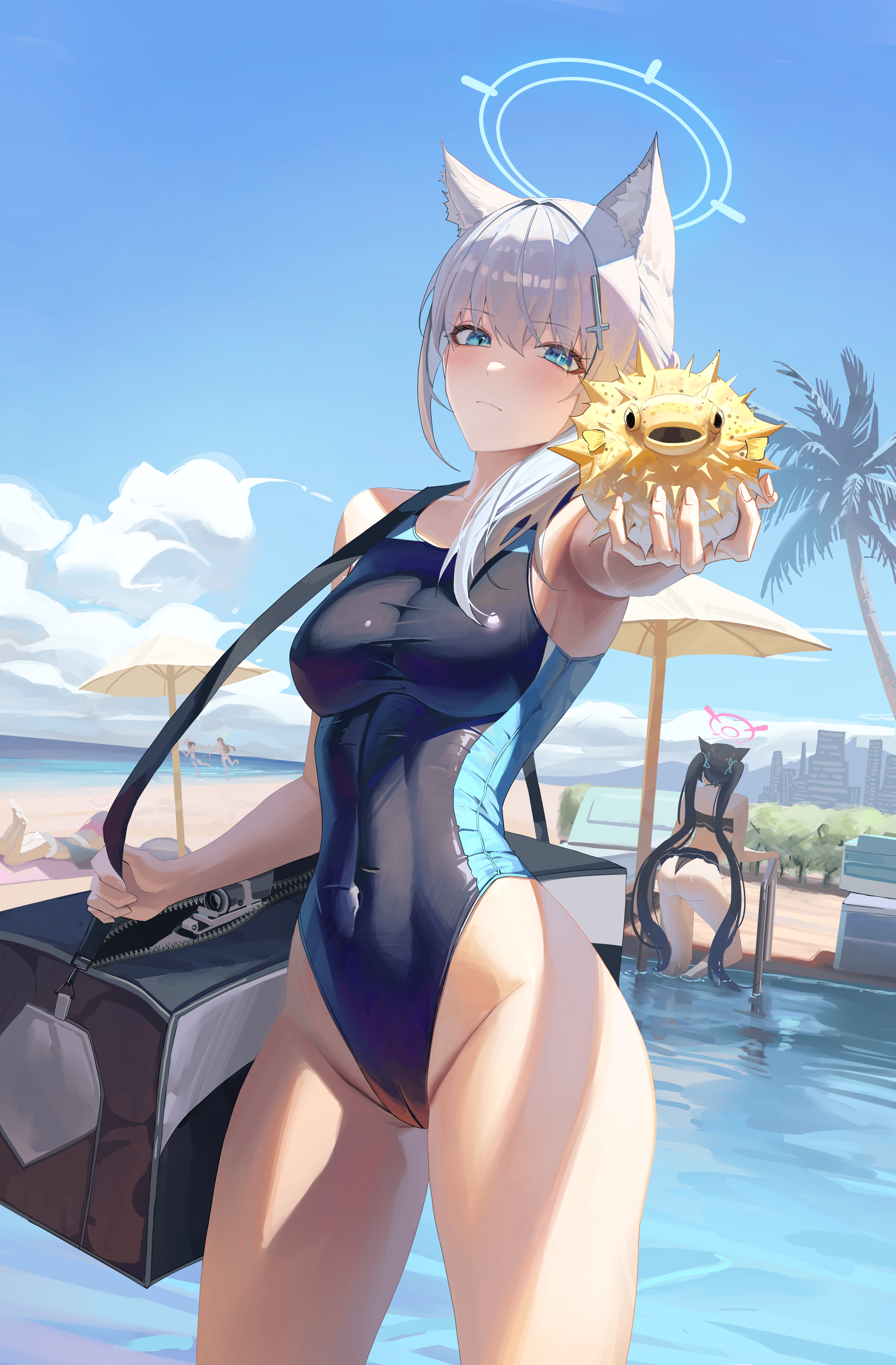 Anime 3784x5762 Blue Archive animal ears portrait display big boobs Shiroko (Blue Archive) fish swimming pool swimwear group of women umbrella palm trees hair ornament beach one-piece swimsuit Rasipan looking at viewer closed mouth gray hair competition swimsuit sky women outdoors bikini thighs hair between eyes