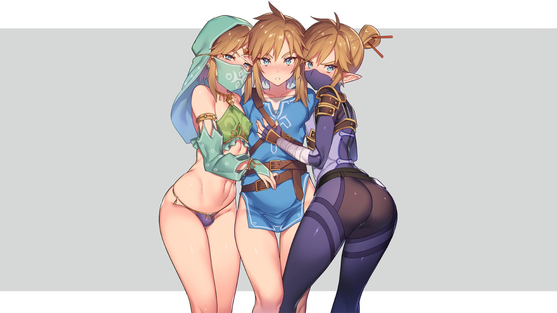 Anime 1920x1080 Link Nintendo The Legend of Zelda The Legend of Zelda: Breath of the Wild ass wide hips large hips hips tight clothing ninjas leggings lingerie panties crossdressing blonde sidelocks bangs blunt bangs blue eyes hairbun shirt long shirt dress bra top armlet face mask mask pointy ears bare midriff belly belly button skinny simple background femboy choker thighs together hugging blushing Yaoi covered face costumes cosplay belt pouch fingerless gloves arm warmers bottomless nopan gloves transgender transsexual men the gap