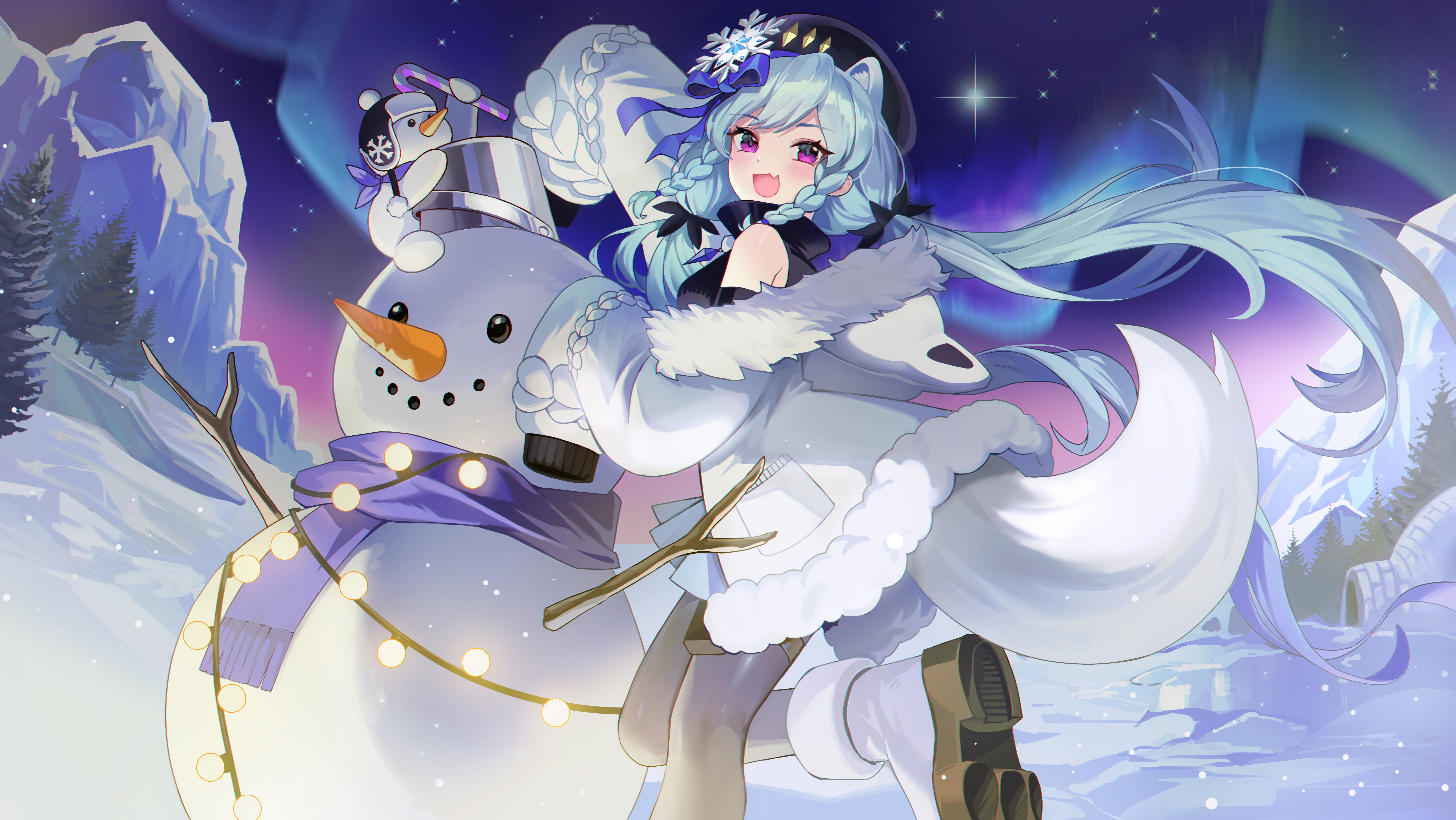 Anime 7057x3974 anime anime girls Pixiv snow fox girl tail original characters looking at viewer long hair shoe sole open mouth hat women with hats outdoors women outdoors night sky stars winter scarf fur fur trim red eyes blue hair hair bows fox ears fox tail snowman carrots lights aurorae boots trees coats off shoulder igloo candy cane