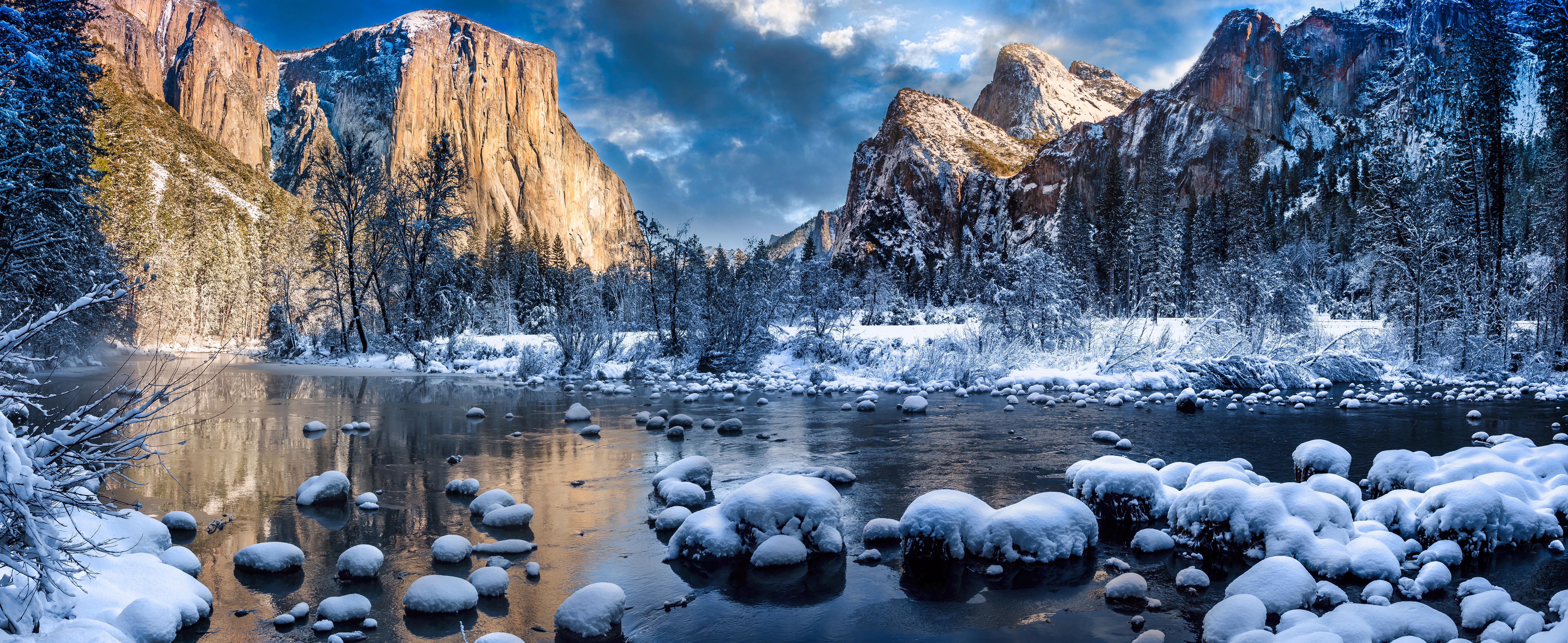 General 7846x3219 Yosemite National Park California USA winter river cliff rocks nature landscape forest trees El Capitan ultrawide snow sky water reflection clouds snow covered