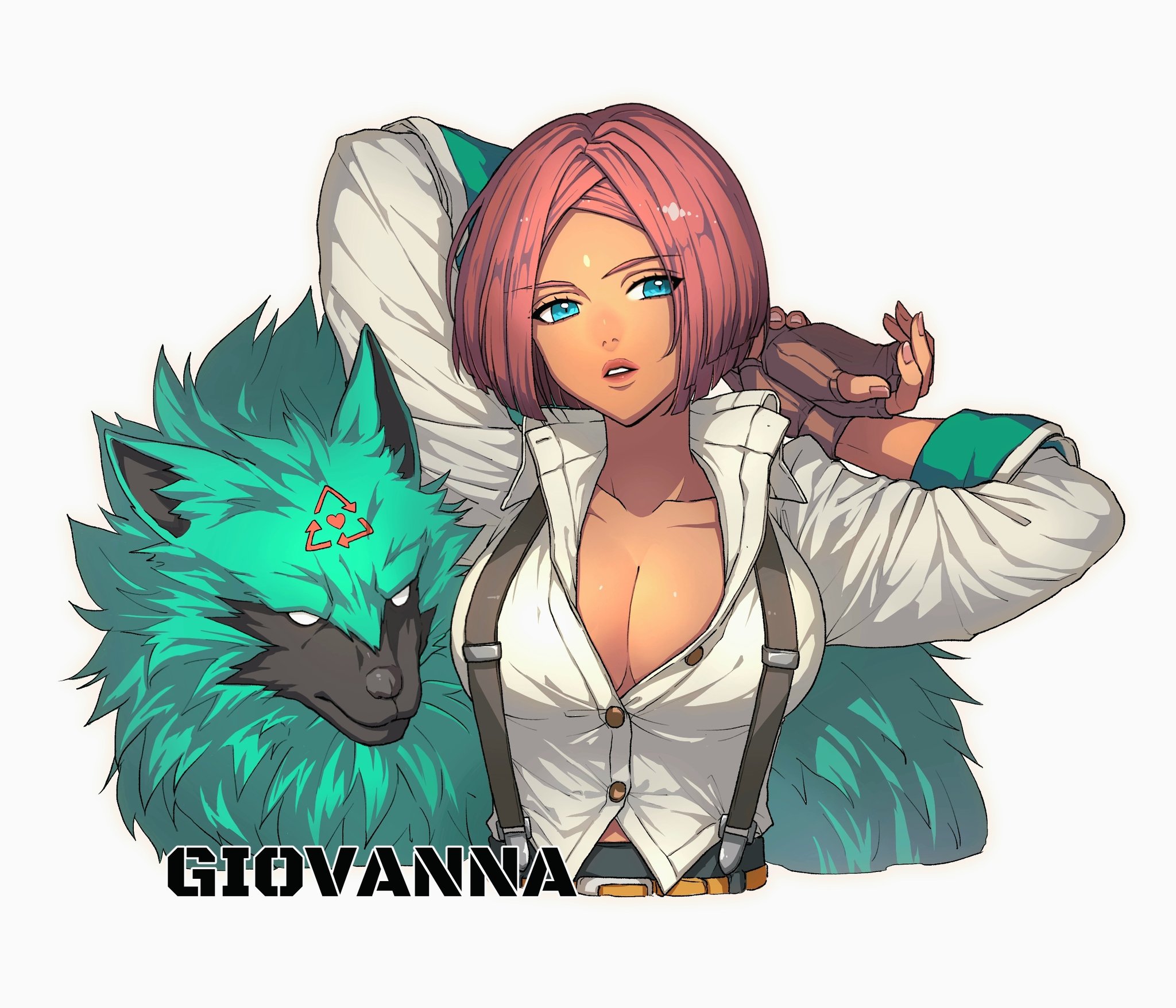 Anime 2048x1756 Guilty gear strive Giovanna (Guilty Gear) anime games anime girls Rei (guilty gear) short hair Guilty Gear parted lips white background animals simple background anime cleavage unbuttoned collarbone blue eyes gloves fingerless gloves looking at viewer redhead suspenders arrow (design)