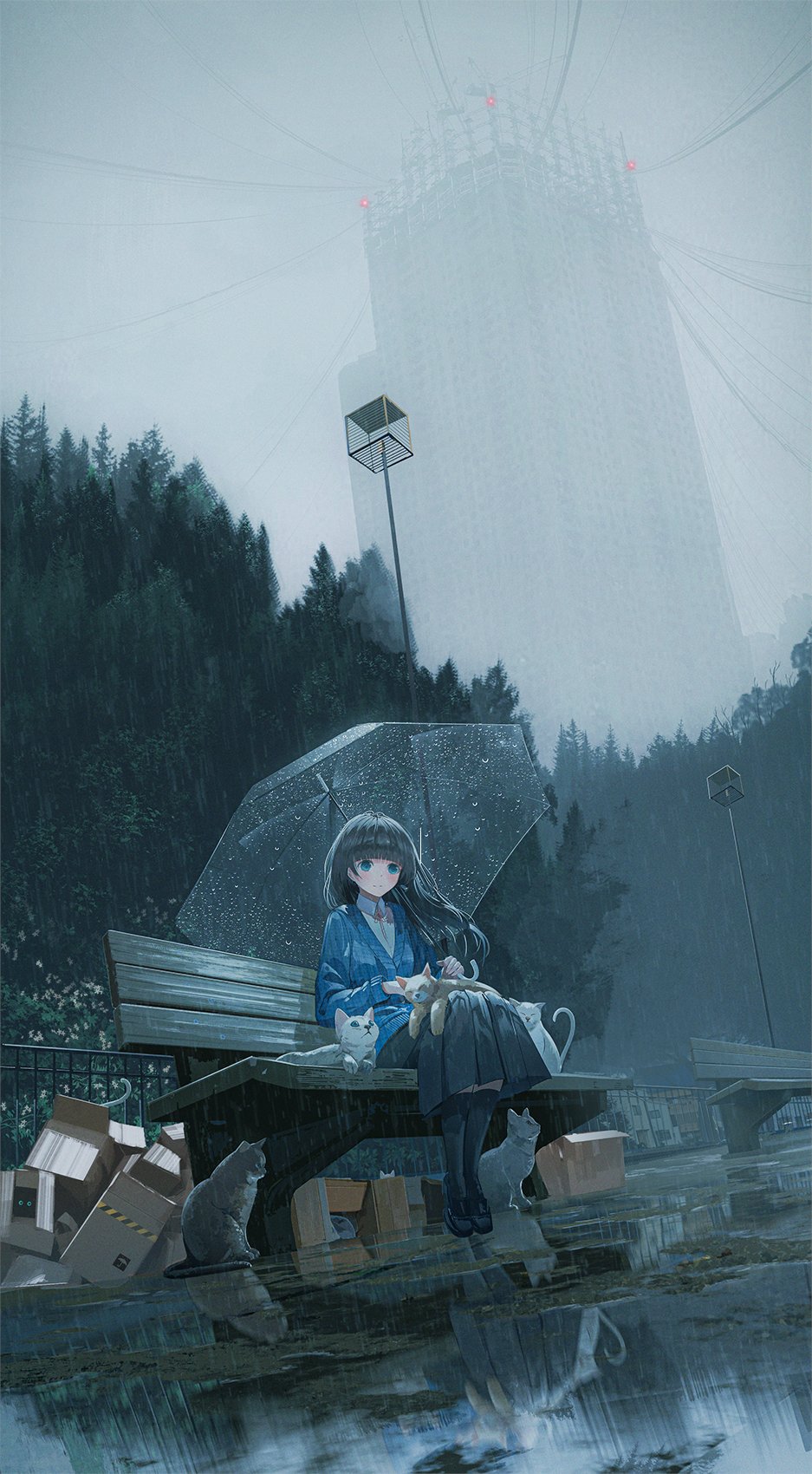 Anime 937x1700 Chocoshi looking at viewer portrait display on bench rain cats water reflection cardboard box women outdoors sitting animals legs together blue eyes skyscraper long hair street light puddle long sleeves trees bench sky anime girls long skirt bangs