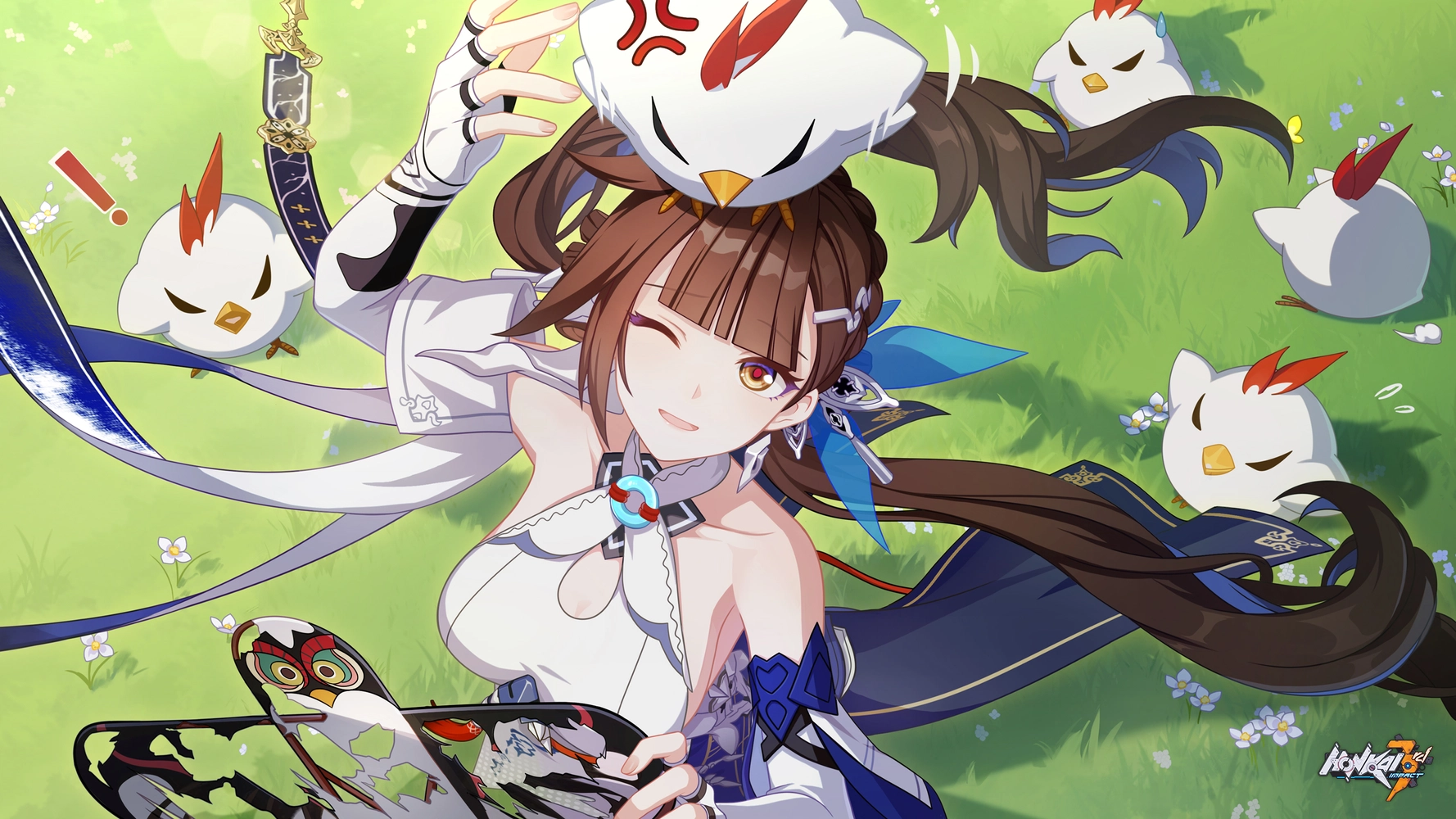 Anime 1778x1000 Honkai Impact Honkai Impact 3rd illustration anime girls chickens video games video game characters CGI video game girls long hair one eye closed brunette parted lips sunlight bare shoulders grass flowers title angry bangs hair ornament exclamation mark animals