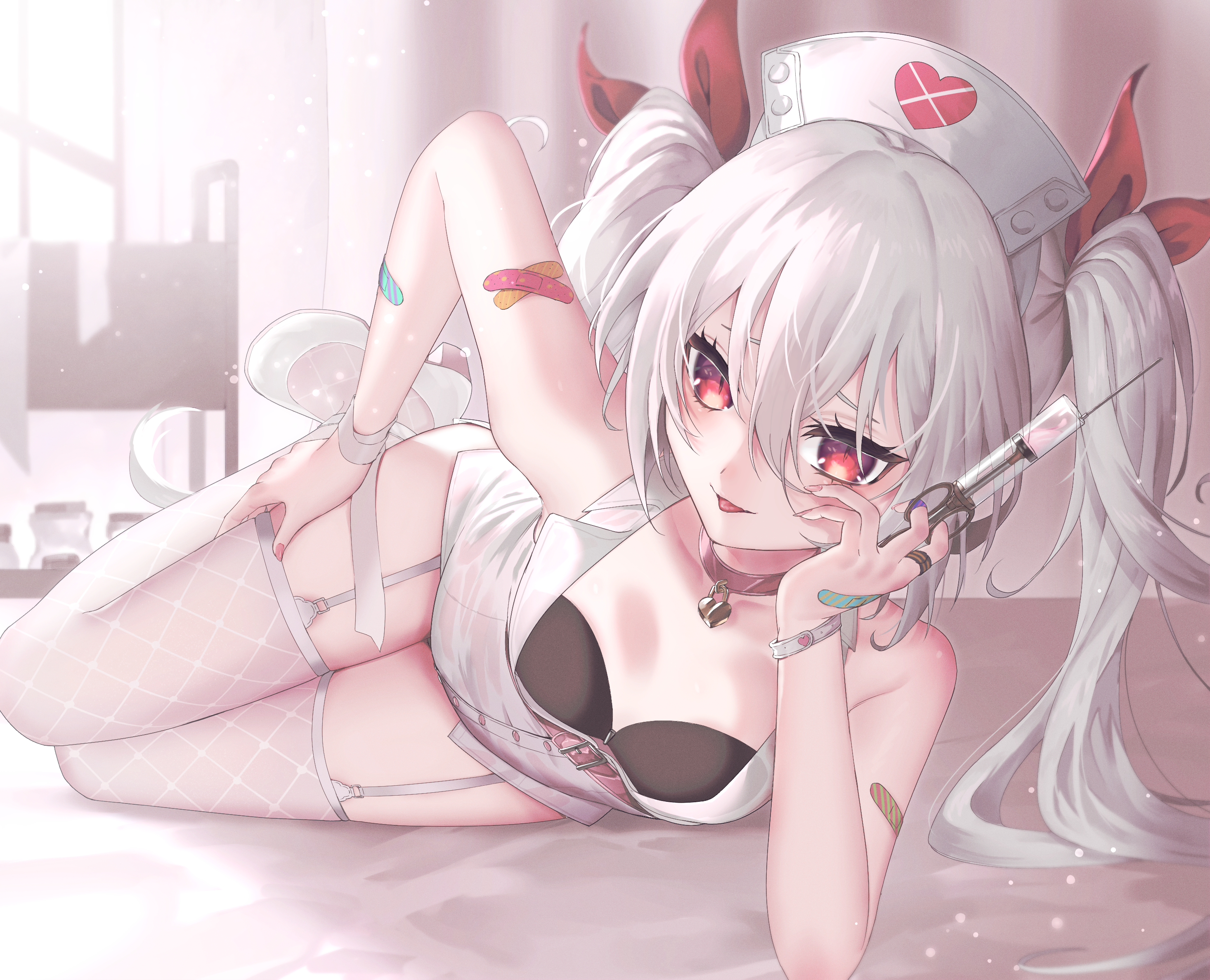 Anime 2932x2376 anime anime girls nurse outfit Azur Lane Vampire (Azur Lane) thighs white thigh highs tongues lying down lying on side fishnet thigh-highs band-aid hair between eyes looking at viewer twintails long hair tongue out small boobs hand on thigh garter straps white hair red eyes nurses bed bracelets hair ribbon collar