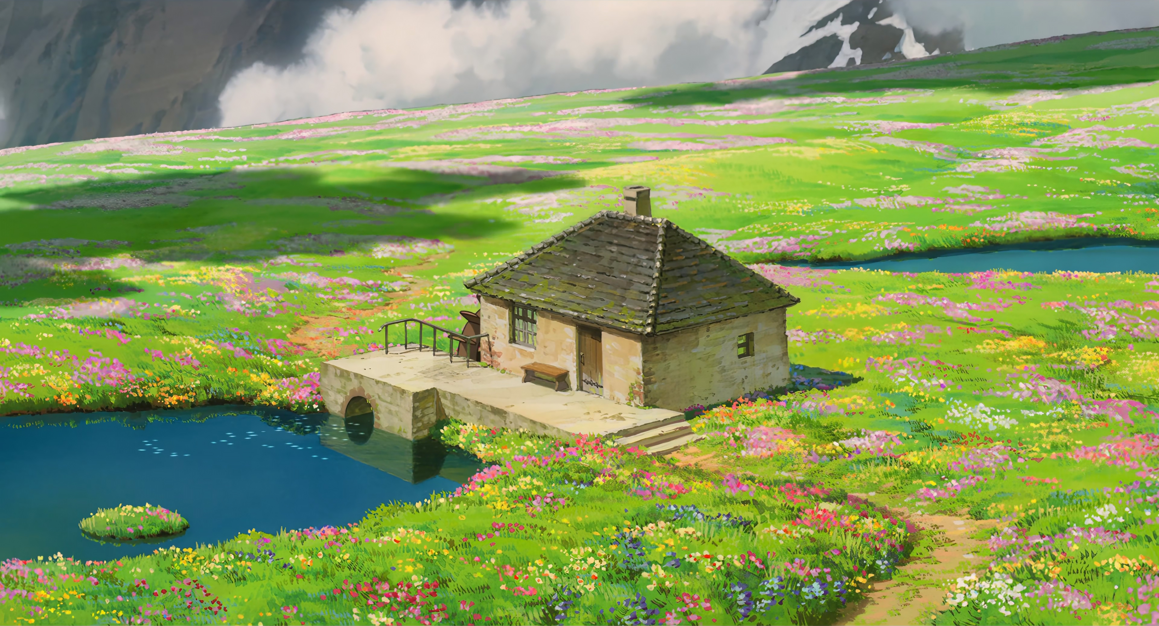 Anime 3840x2075 Howl's Moving Castle Studio Ghibli anime field house water reflection clouds plants