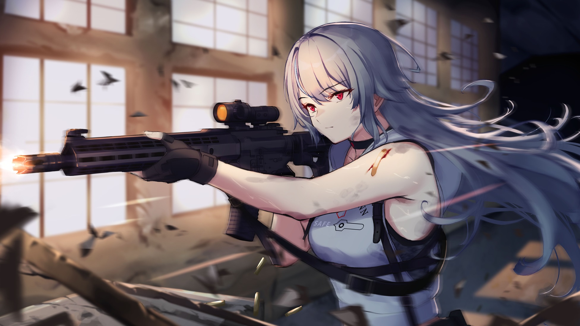 Anime 1953x1098 anime girls gun illustration armalite rifle assault rifle girls with guns original characters aiming gloves fingerless gloves long hair hair between eyes red eyes bare shoulders sleeveless motion blur closed mouth blood interior looking away
