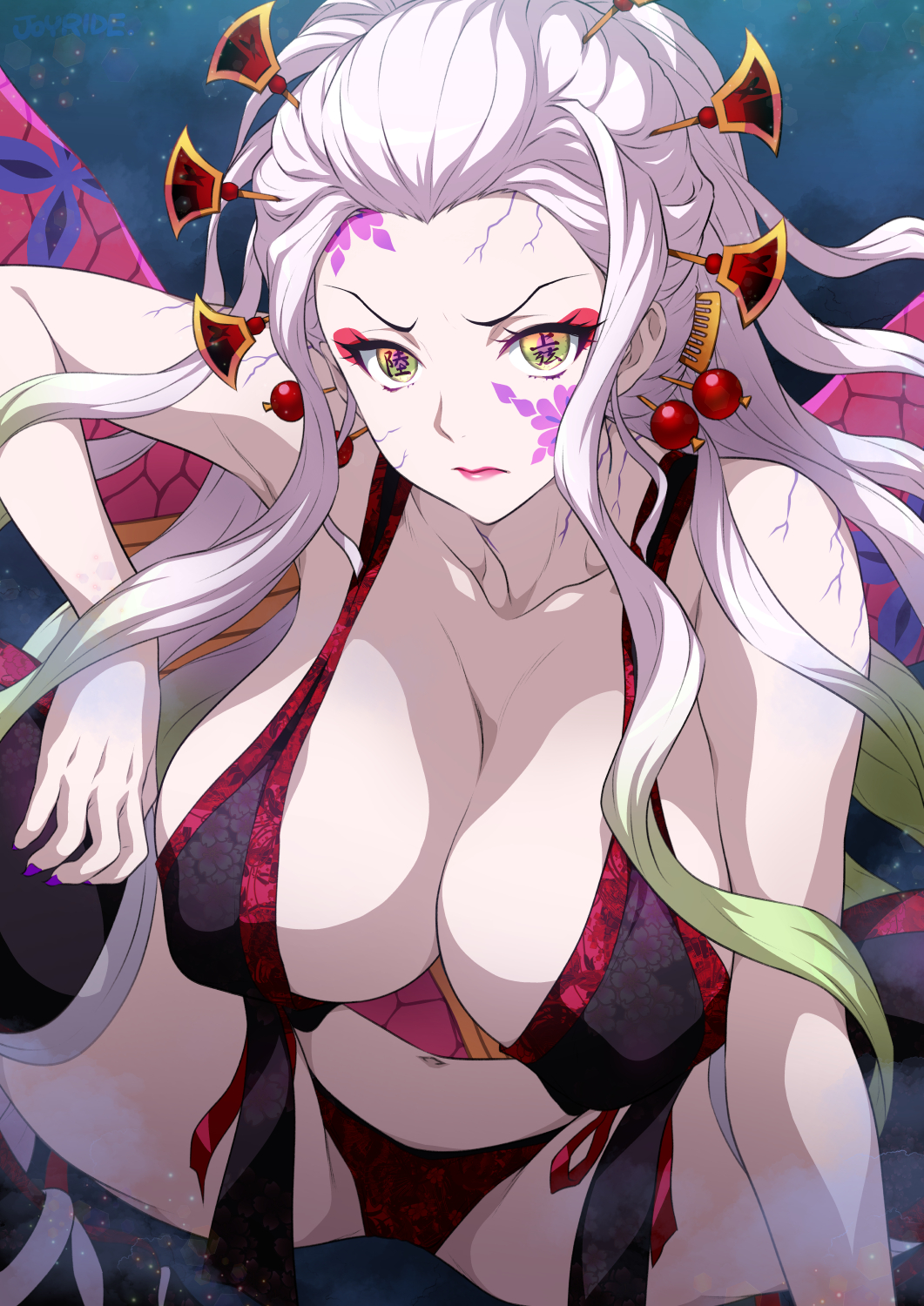 Anime 1061x1500 Daki Kimetsu no Yaiba demon huge breasts white hair Joy Ride long hair women cleavage