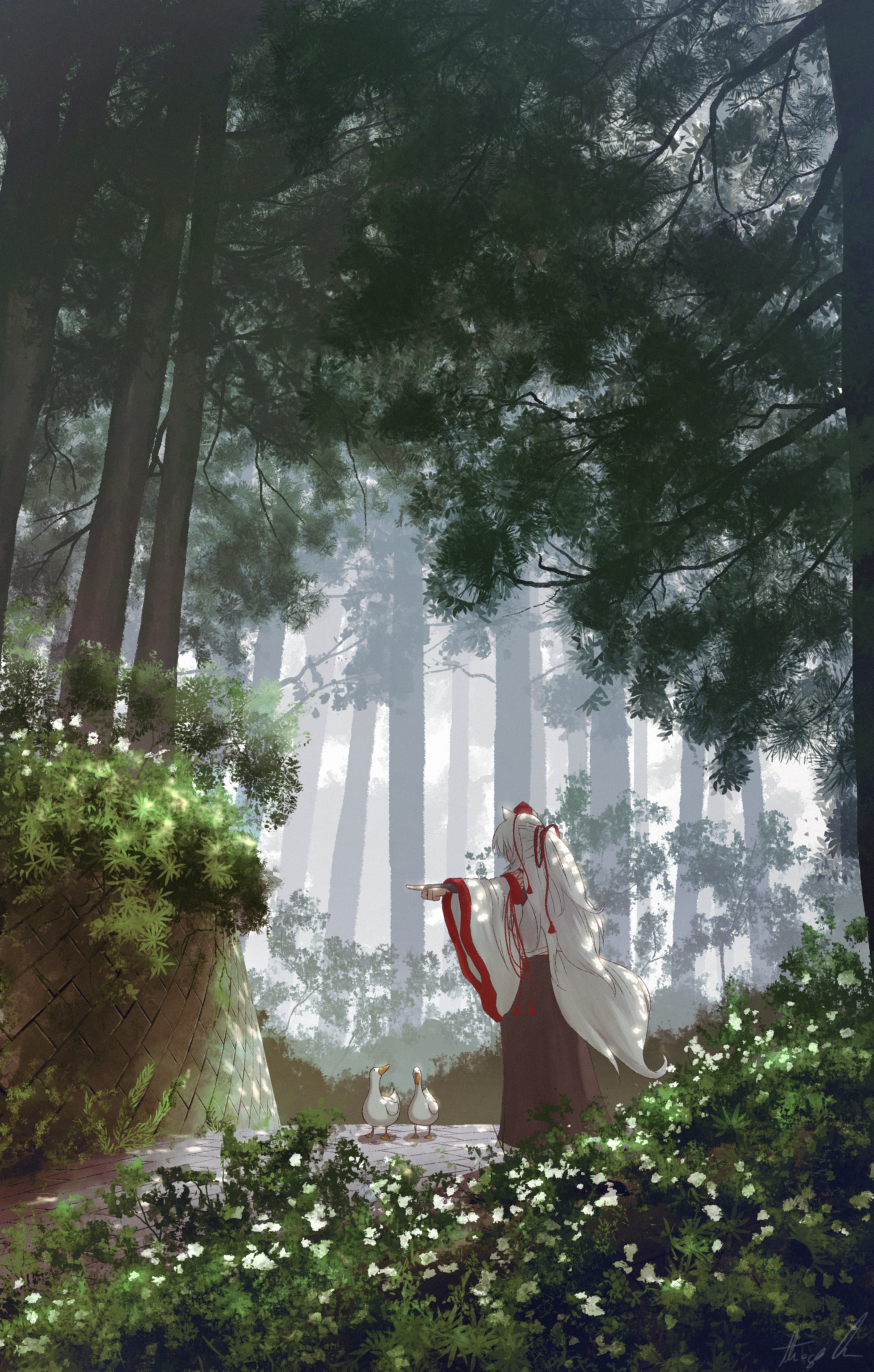 Anime 2231x3500 Touhou Inubashiri Momiji portrait display animals finger pointing white hair white flowers Oubachiago animal ears hair ribbon depth of field branch dappled sunlight duck trees path tail nature plants hat anime girls wide sleeves