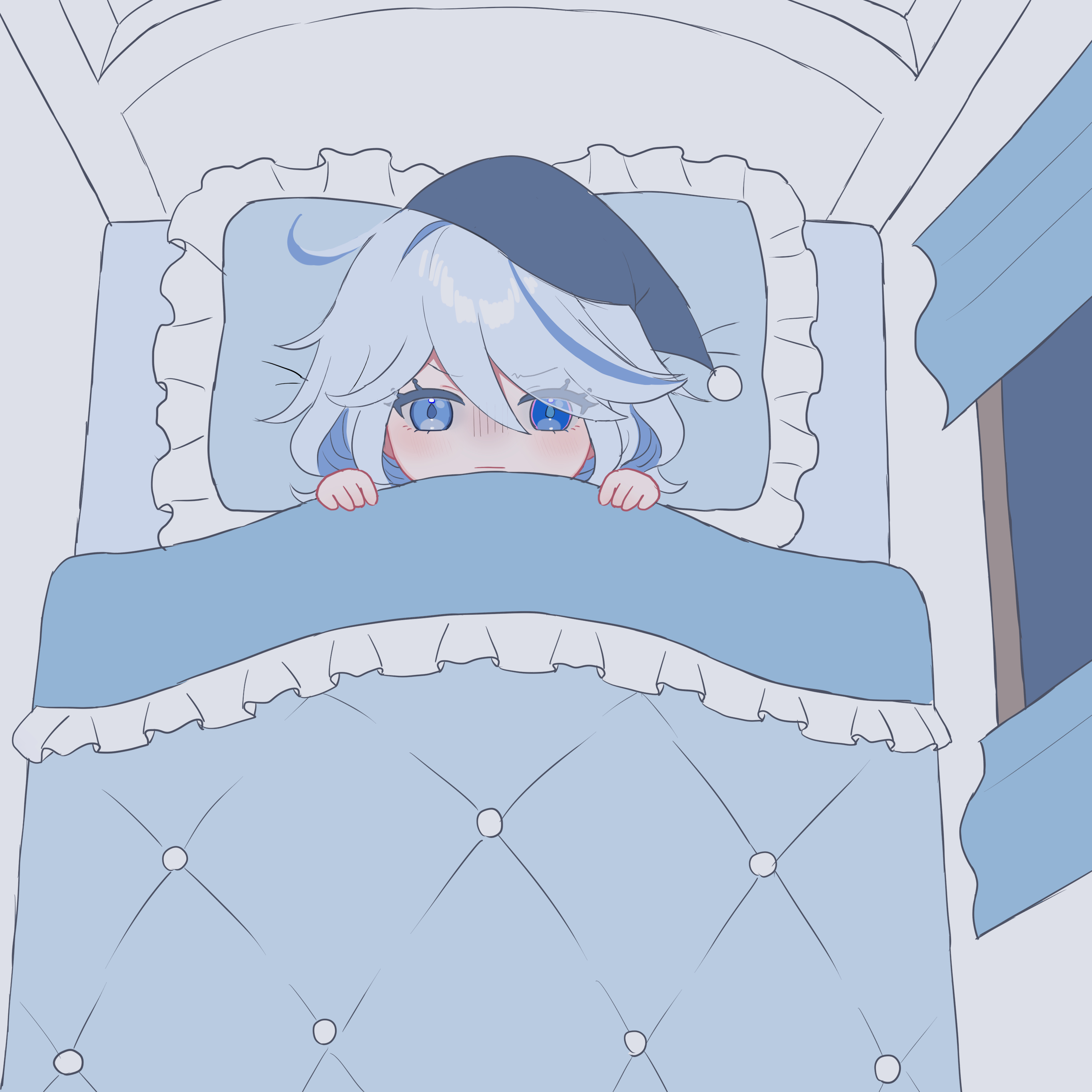 Anime 2894x2894 Furina (Genshin Impact) Pixiv Genshin Impact heterochromia blue eyes two tone hair blue hair hat women with hats looking at viewer pillow hair between eyes in bed anime girls curtains frills ahoge bed