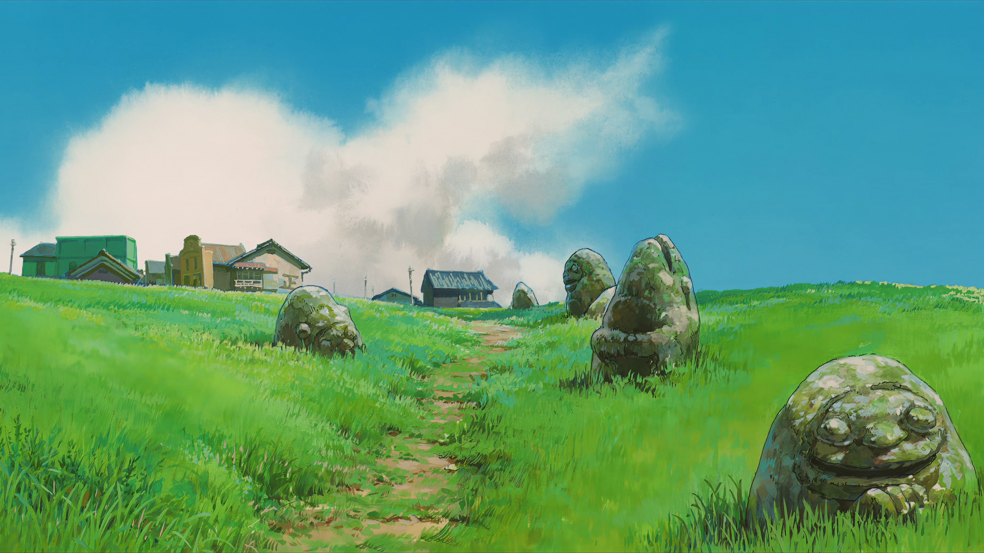 Anime 3840x2160 animation anime Studio Ghibli illustration field nature rock formation sky 4K Spirited Away clouds