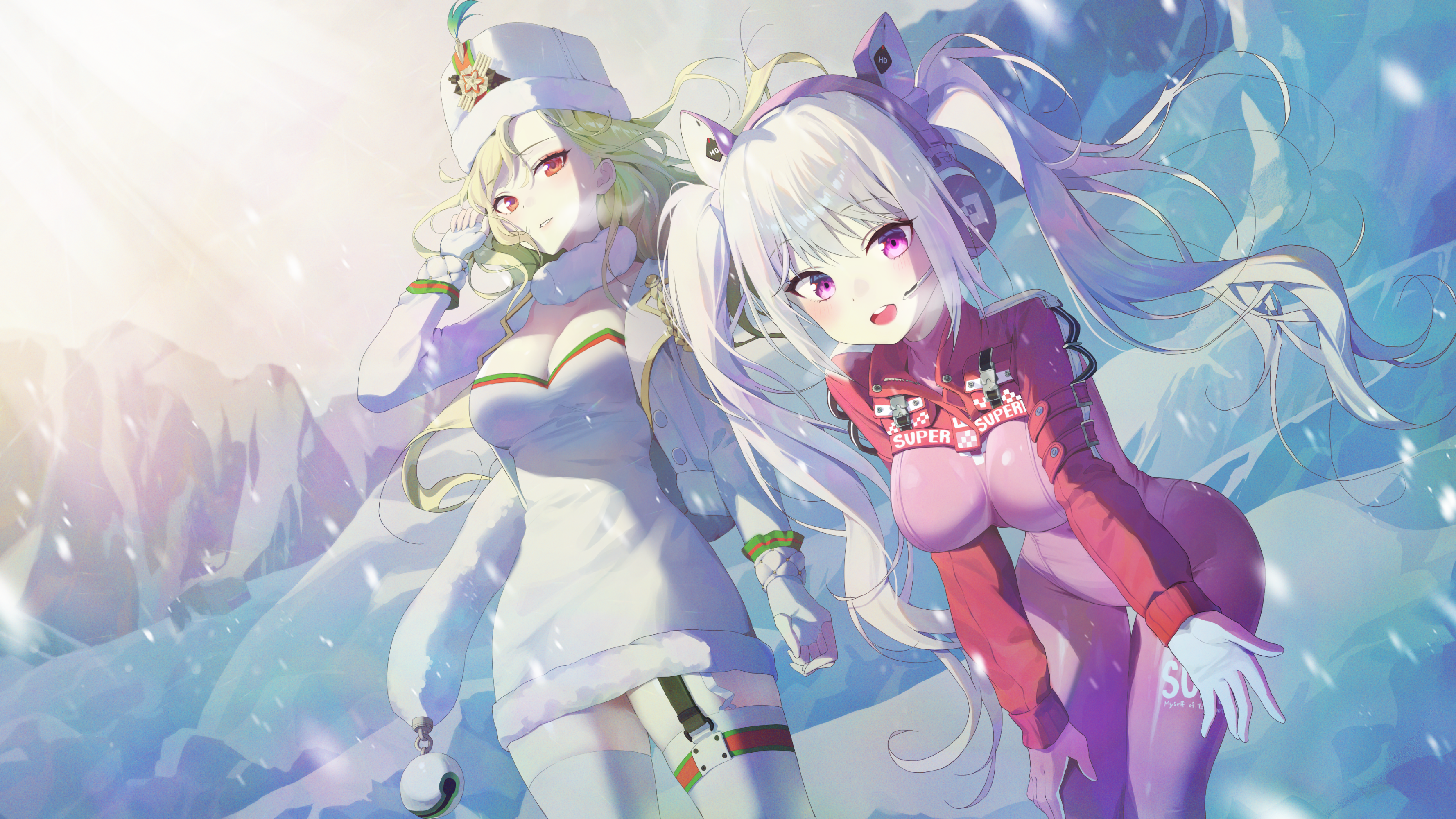 Anime 3556x2000 Pixiv anime anime girls Yampa Ludmilla (Nikke) twintails Alice (Nikke) long hair Nikke: The Goddess of Victory leaning big boobs looking at viewer blushing white hair purple eyes hair between eyes standing gloves fingerless gloves two tone gloves snowing headphones thigh-highs white thigh highs thighs hat women with hats parted lips hand on thigh natural light cleavage blonde red eyes fur trim long sleeves