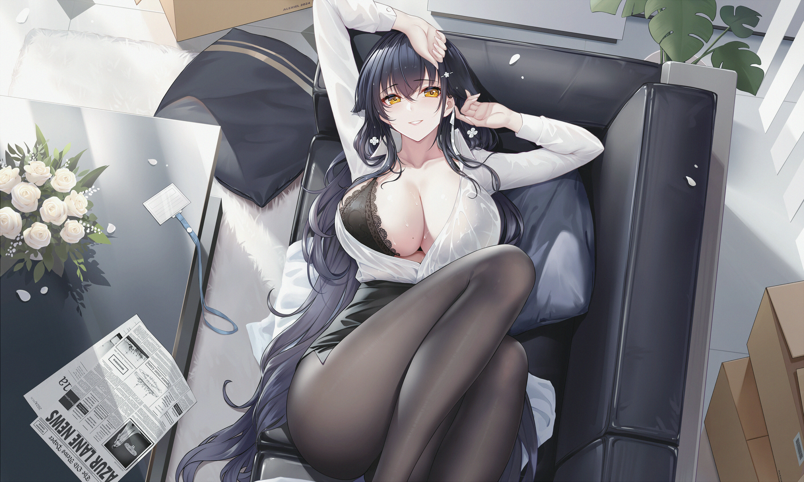 Anime 2800x1680 Azur Lane lying down Azuma (Azur Lane) smiling huge breasts cleavage office girl wet clothing sweaty body long hair black hair pantyhose black pantyhose sweat top view women indoors long sleeves black skirts black miniskirt pillow lying on couch thighs yellow eyes white shirt hair ornament couch black mini skirt moles mole on breast hair clip white flowers badge Alexiel lying on back newspapers black bras open shirt black couch hair between eyes anime anime girls