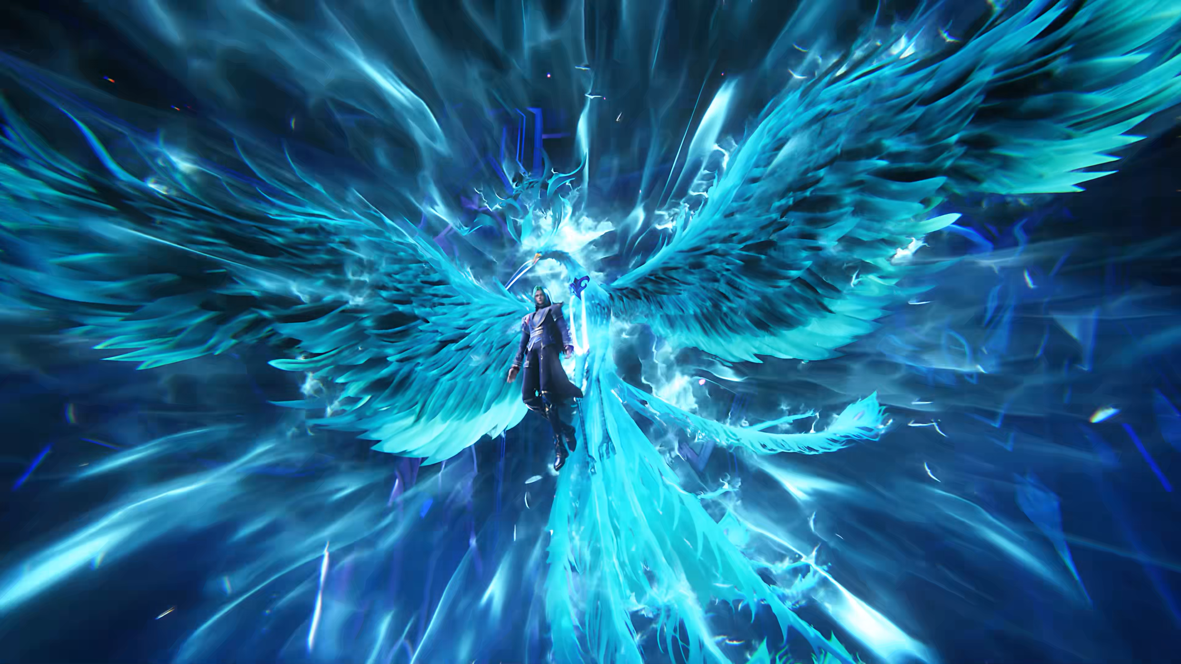 General 3840x2160 Shen Yin Wang Zuo blue suit and tie blue hair looking at viewer birds phoenix blue clothing fantasy men fantasy art beak wings CGI floating animals