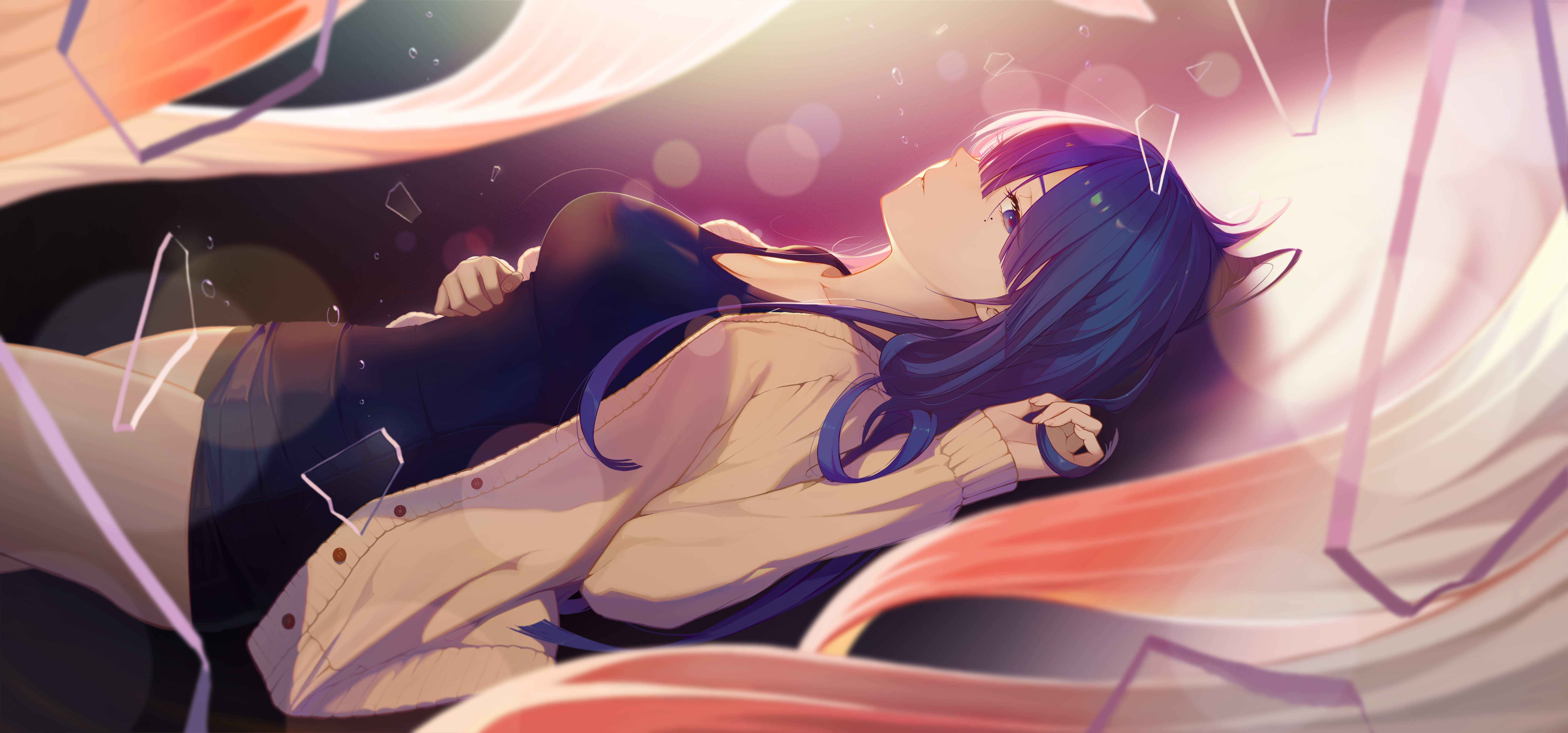 Anime 7954x3721 purple hair lying down black shirt holding hair hair   white jacket looking at viewer broken glass