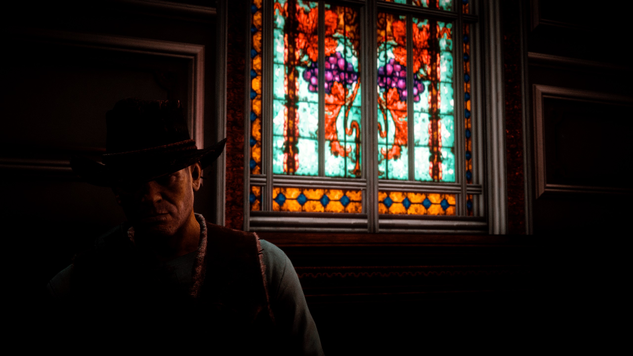 General 2560x1440 Red Dead Redemption 2 video game characters CGI Rockstar Games low light stained glass video games Arthur Morgan window hat video game art screen shot cowboy hats video game men face men with hats cowboys