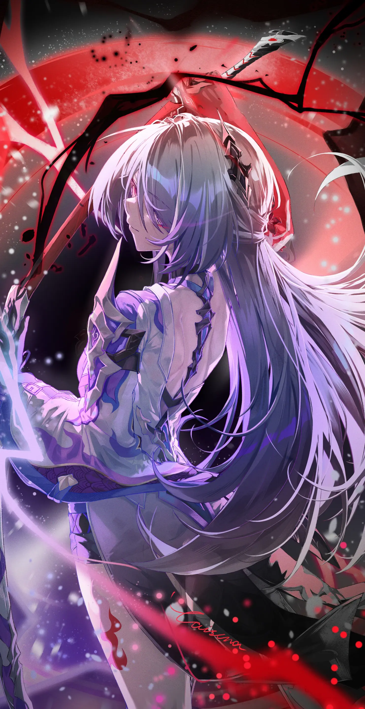 Anime 1482x2880 Acheron (Honkai: Star Rail) Honkai: Star Rail illustration video games character design  gloves Caisena portrait display video game girls long hair video game characters signature purple hair weapon hair ornament sword women with swords closed mouth skinny lightning