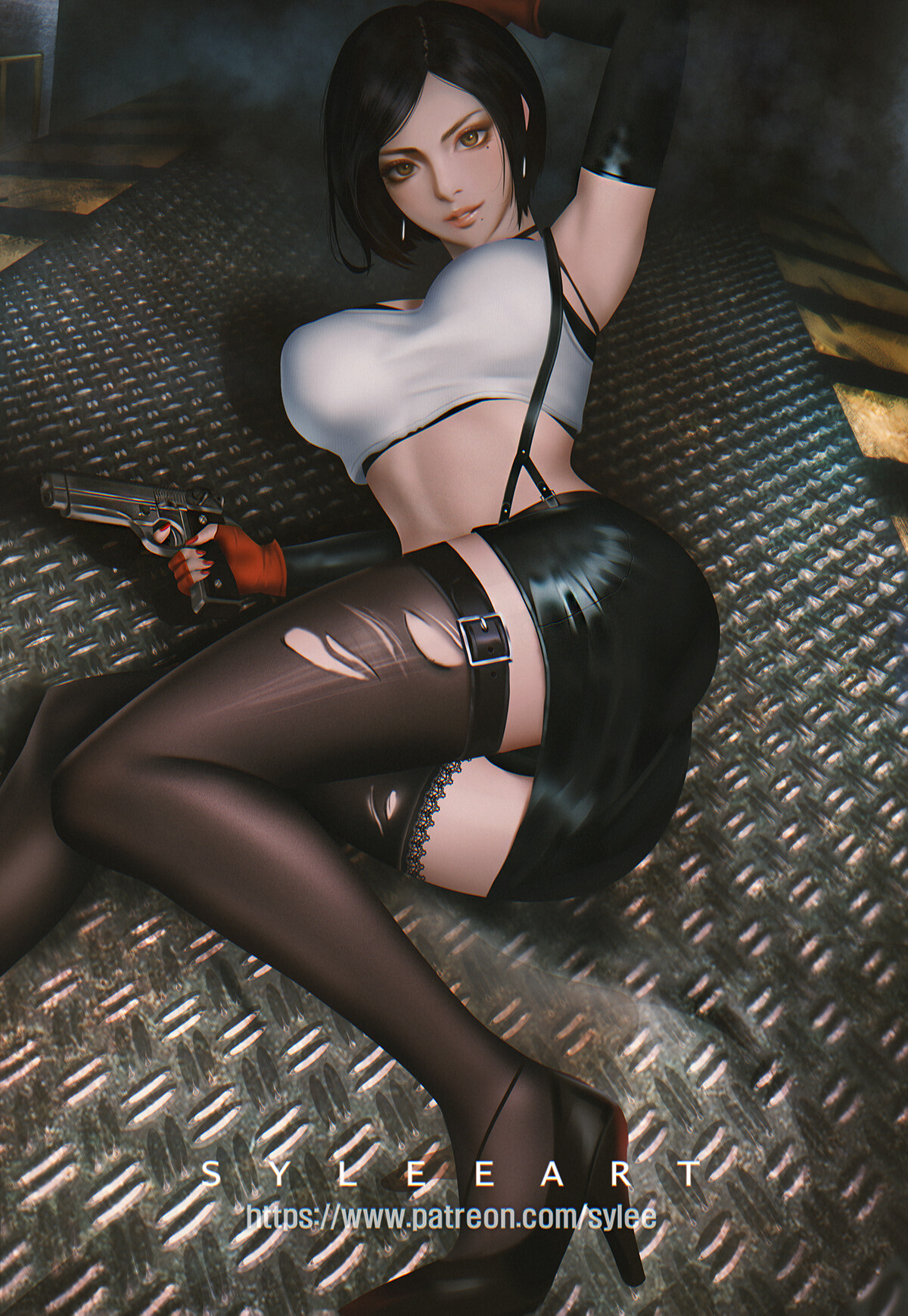 General 1200x1739 drawing women dark hair short hair tank top white clothing suspenders skirt tight Skirt black clothing on the floor weapon pistol thigh-highs belt stockings Ada Wong Tifa Lockhart miniskirt high heels torn clothes shoes panties girls with guns watermarked cosplay ass gun moles mole under eye gloves mole under mouth smiling parted lips lying on side Seungyoon Lee lying down