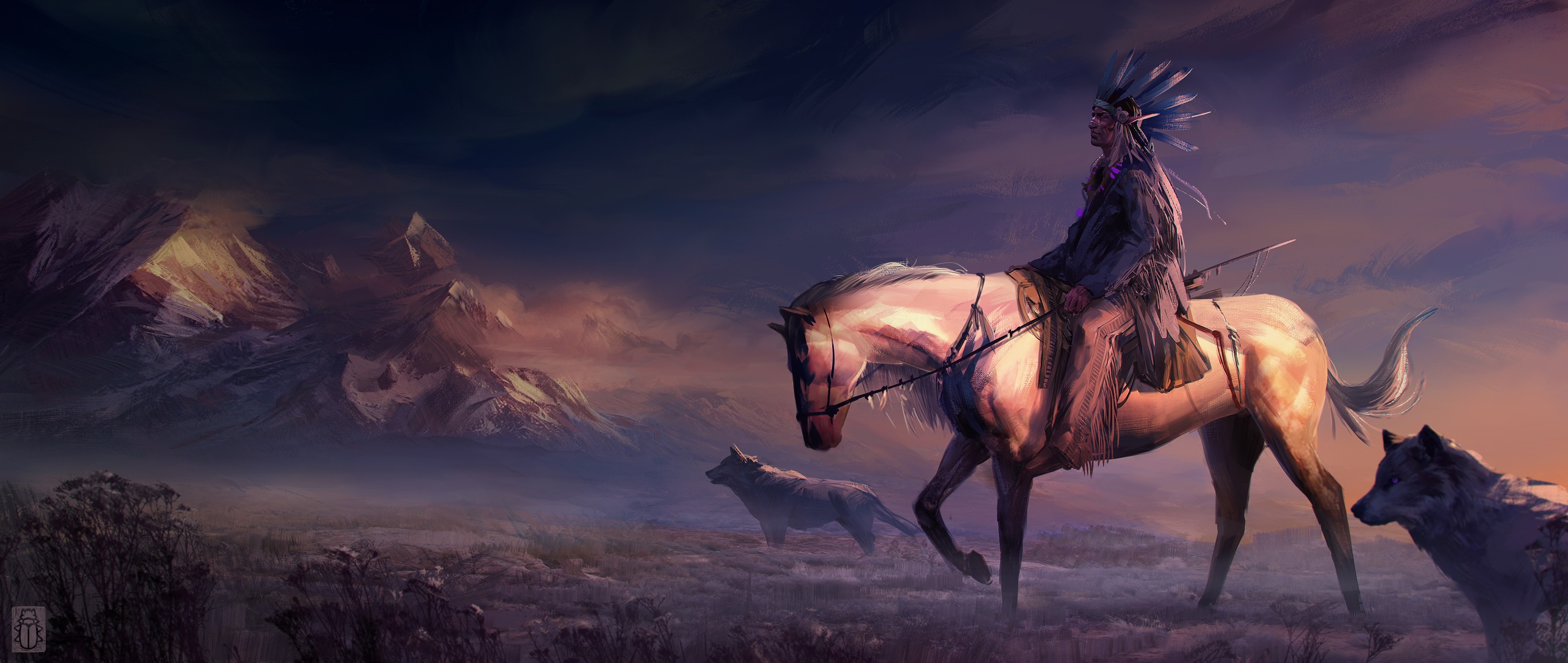 General 3000x1268 artwork digital art fantasy art mountains Native Americans horseman wolf
