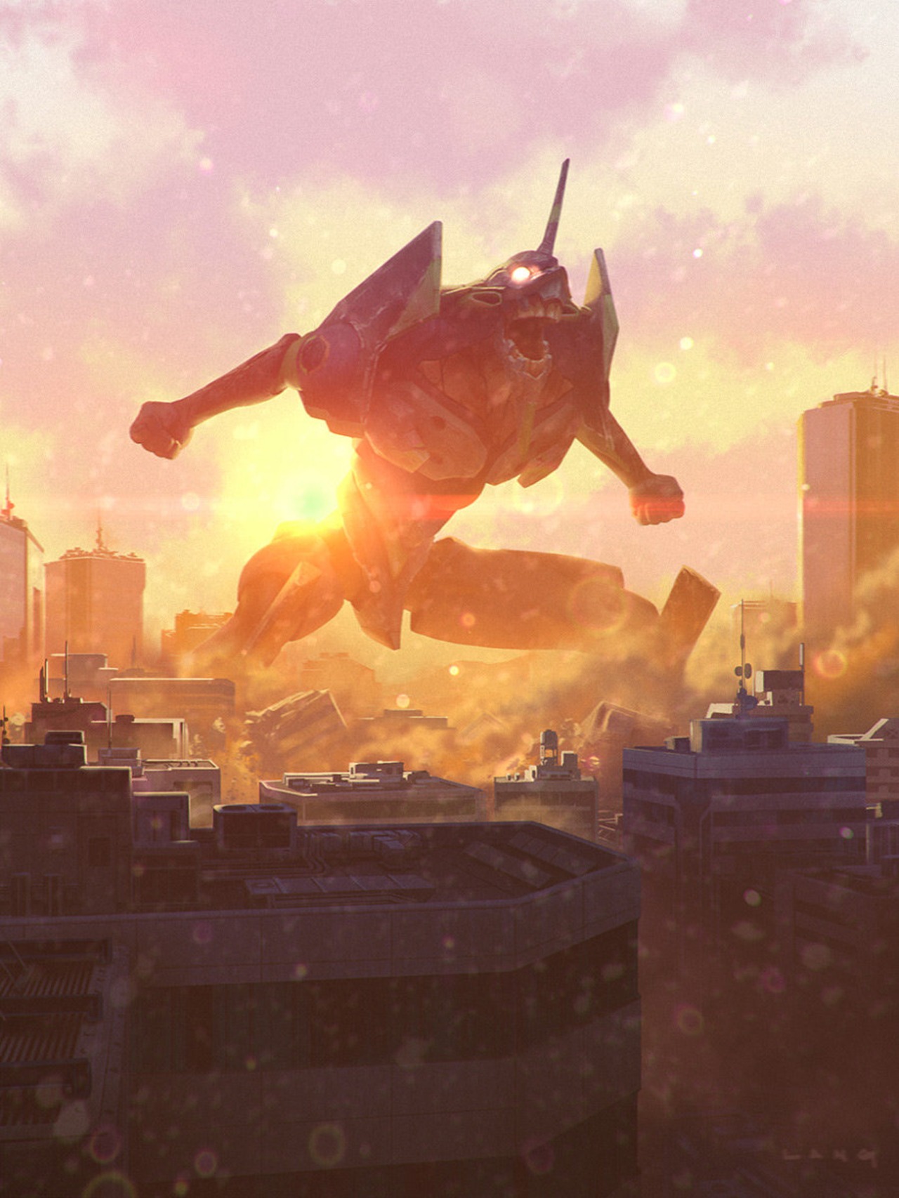 Anime 1280x1706 Neon Genesis Evangelion CGI sunset mechs clear sky EVA Unit 01 mecha fight city portrait display fan art destruction