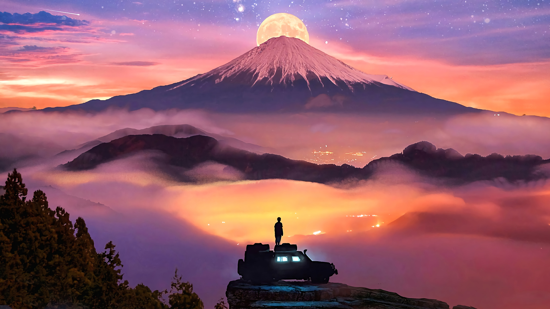 General 1920x1080 artwork digital art stars Mount Fuji Moon clouds neon mist