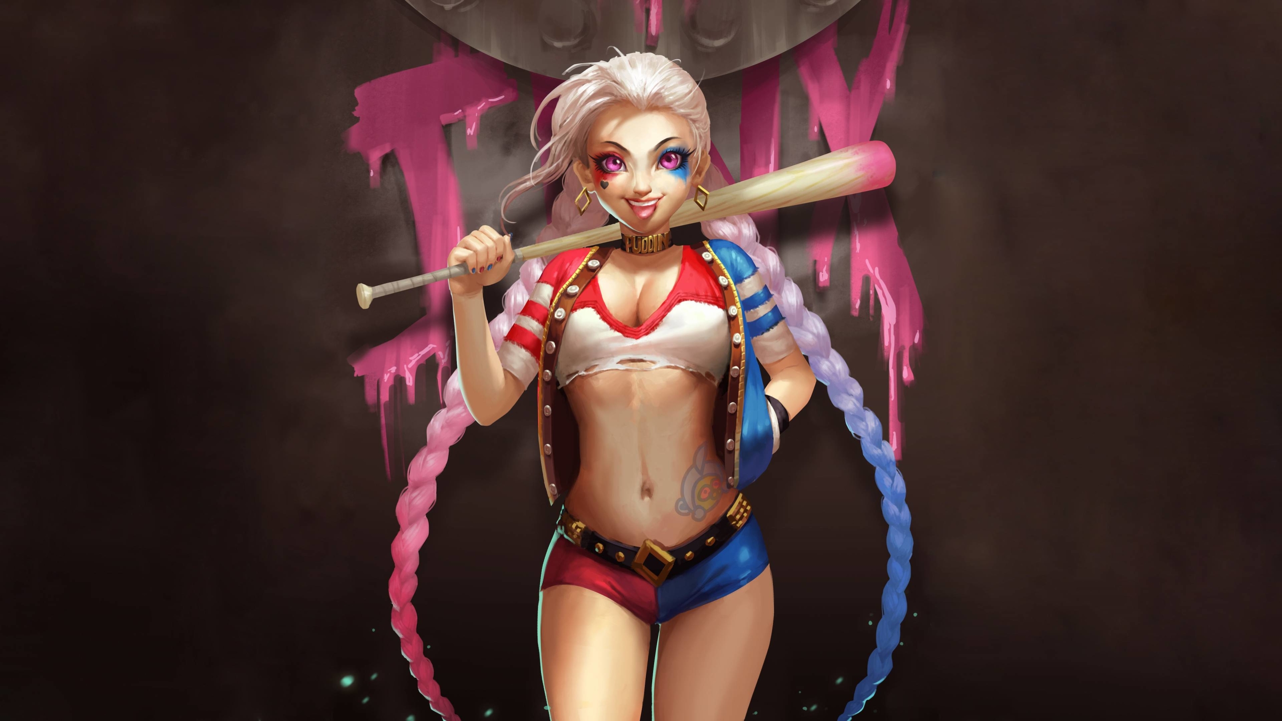 General 2560x1440 Harley Quinn tongue out baseball bat fantasy girl DC Comics shorts skimpy clothes digital art simple background braids Jinx (League of Legends) League of Legends twintails crossover frontal view cleavage smiling belly earring teeth multi-colored hair tongues hands in pockets jacket open jacket long hair