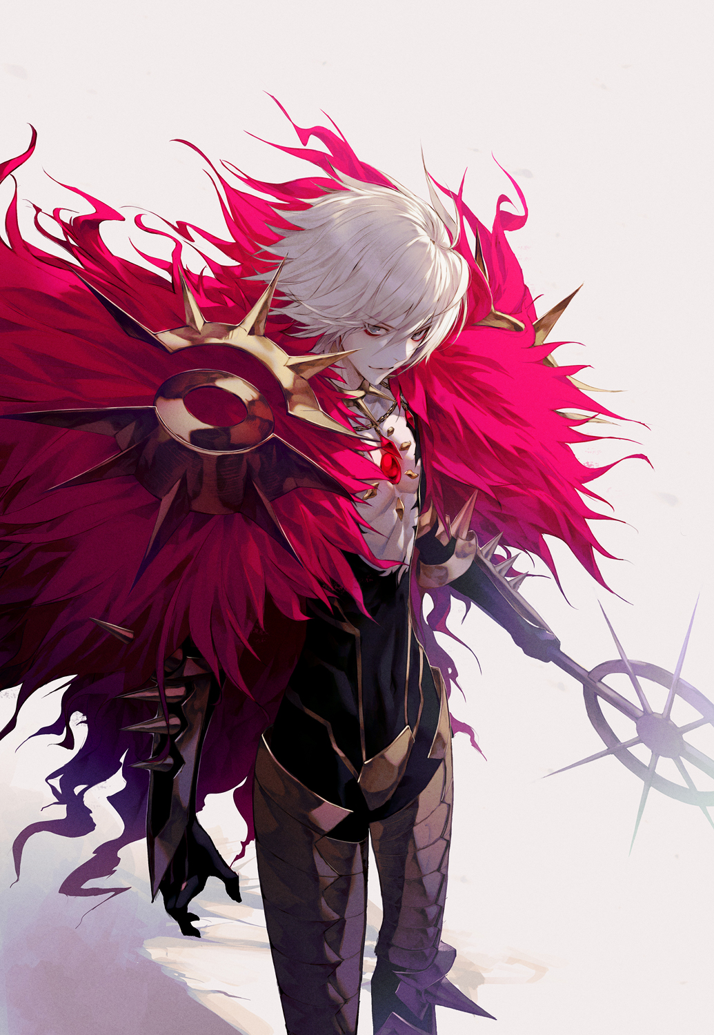 Anime 1035x1500 Fate series Fate/Apocrypha  short hair fantasy weapon fantasy armor fan art simple background Lancer of Red anime boys anime portrait display Fate/Grand Order belly button white hair gray eyes looking at viewer 2D smiling