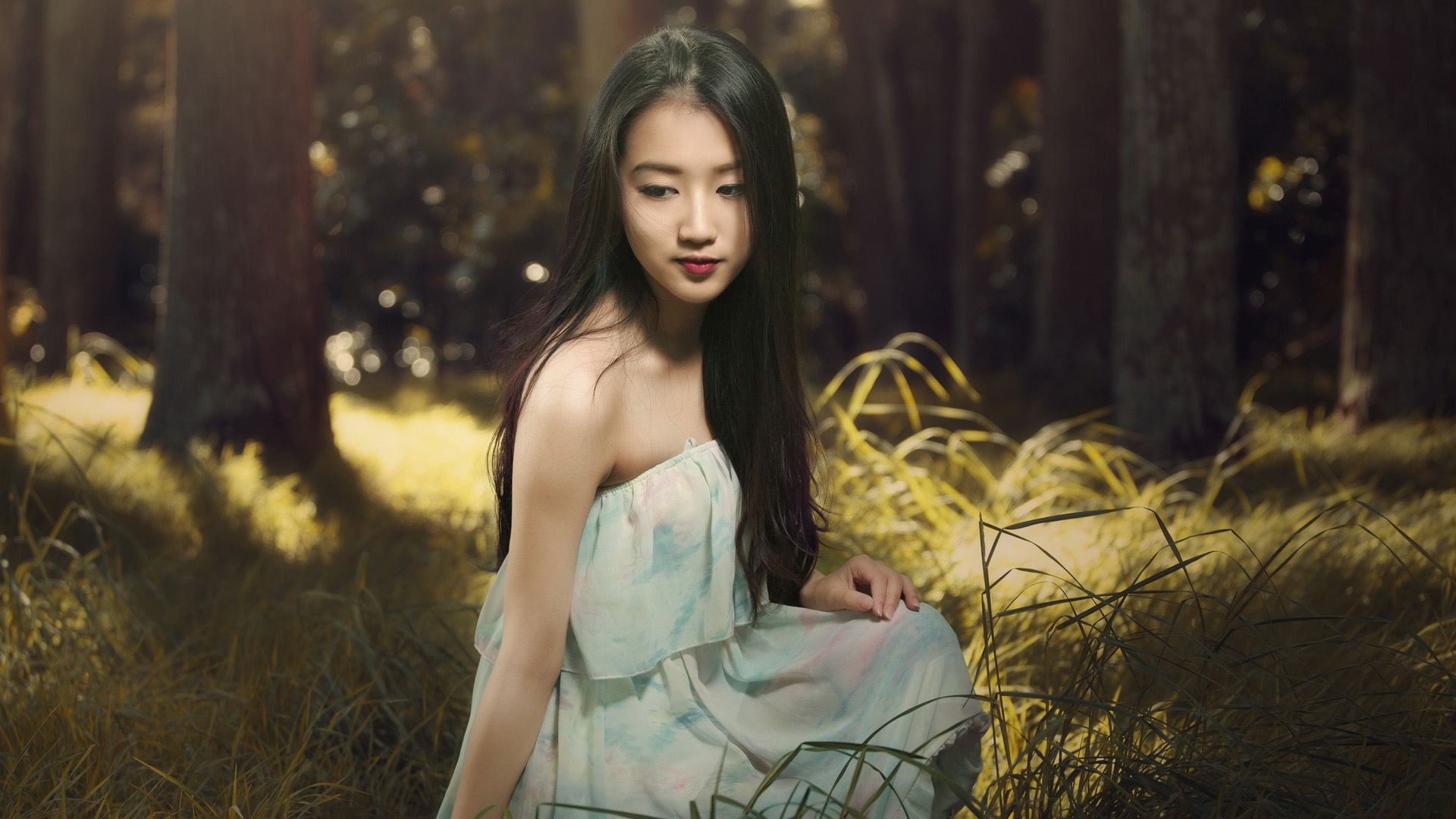 People 1920x1080 forest Asian women bare shoulders