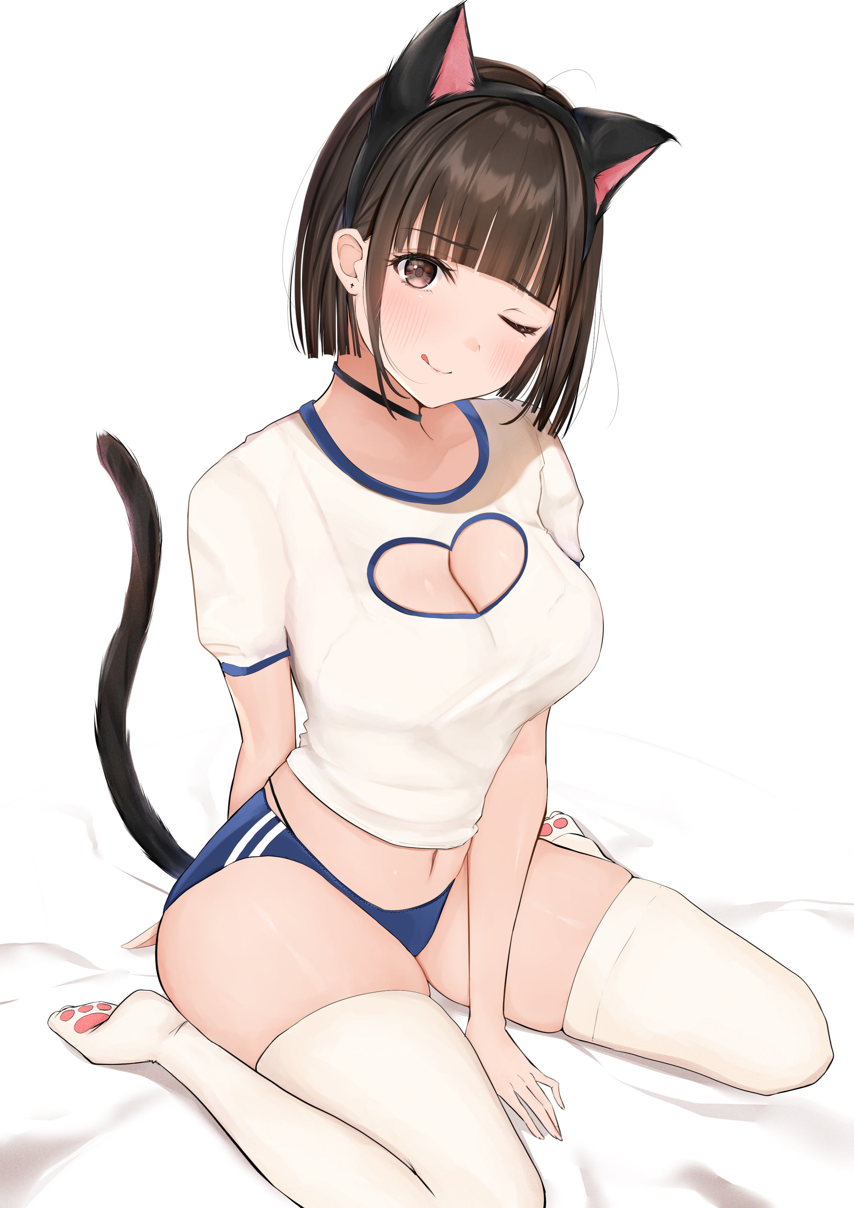 Anime 2828x4000 anime anime girls digital art artwork 2D portrait display cleavage tail thigh-highs Uiri-na original characters cat girl animal ears tongue out blushing wink brown eyes brunette short hair gym clothes kneeling short shorts big boobs cleavage cutout