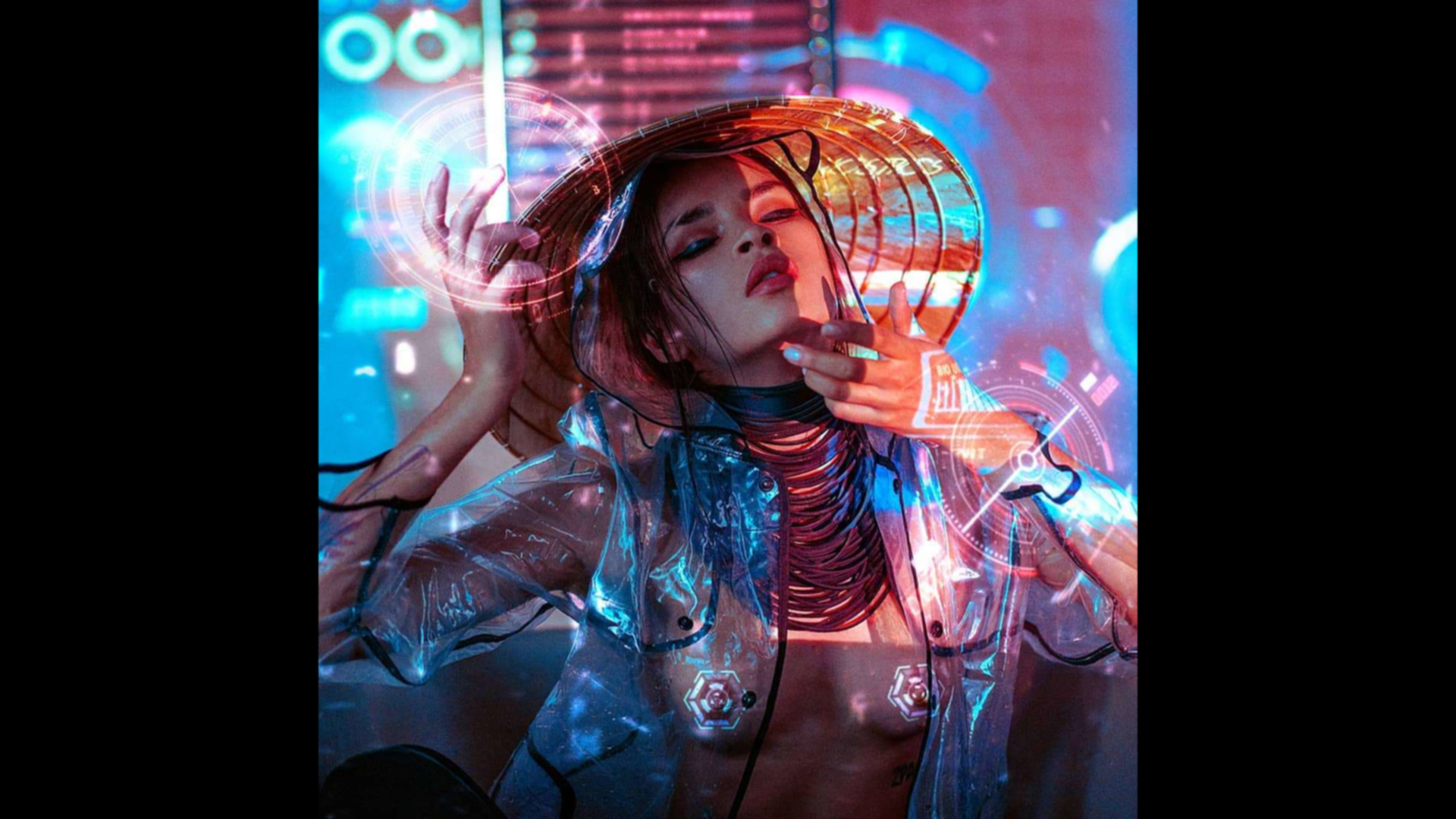 People 1920x1080 cyberpunk women hat see-through clothing strategic covering bamboo hat Asian