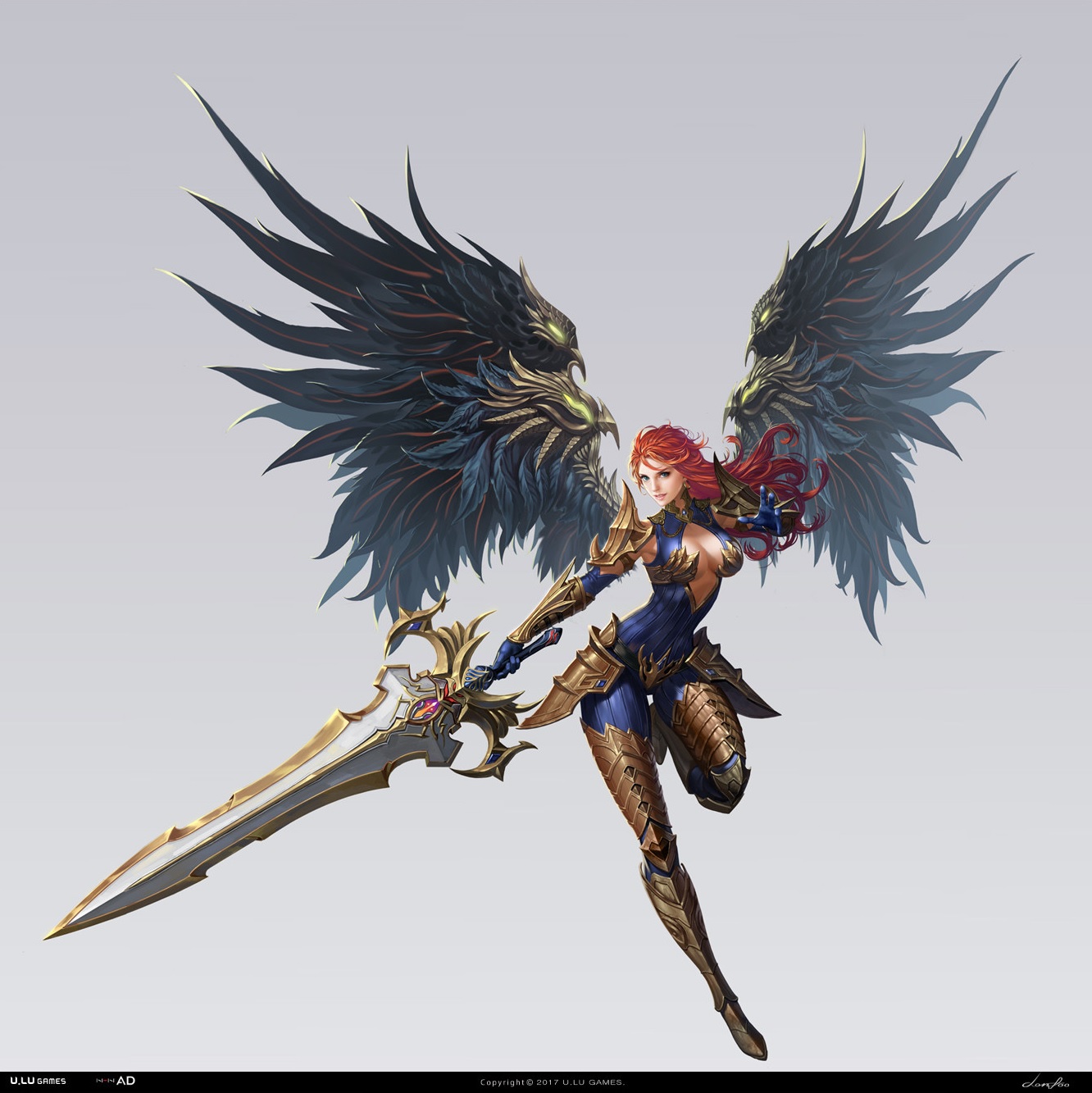General 1332x1333 Donfoo drawing women redhead long hair armor wings weapon sword simple background