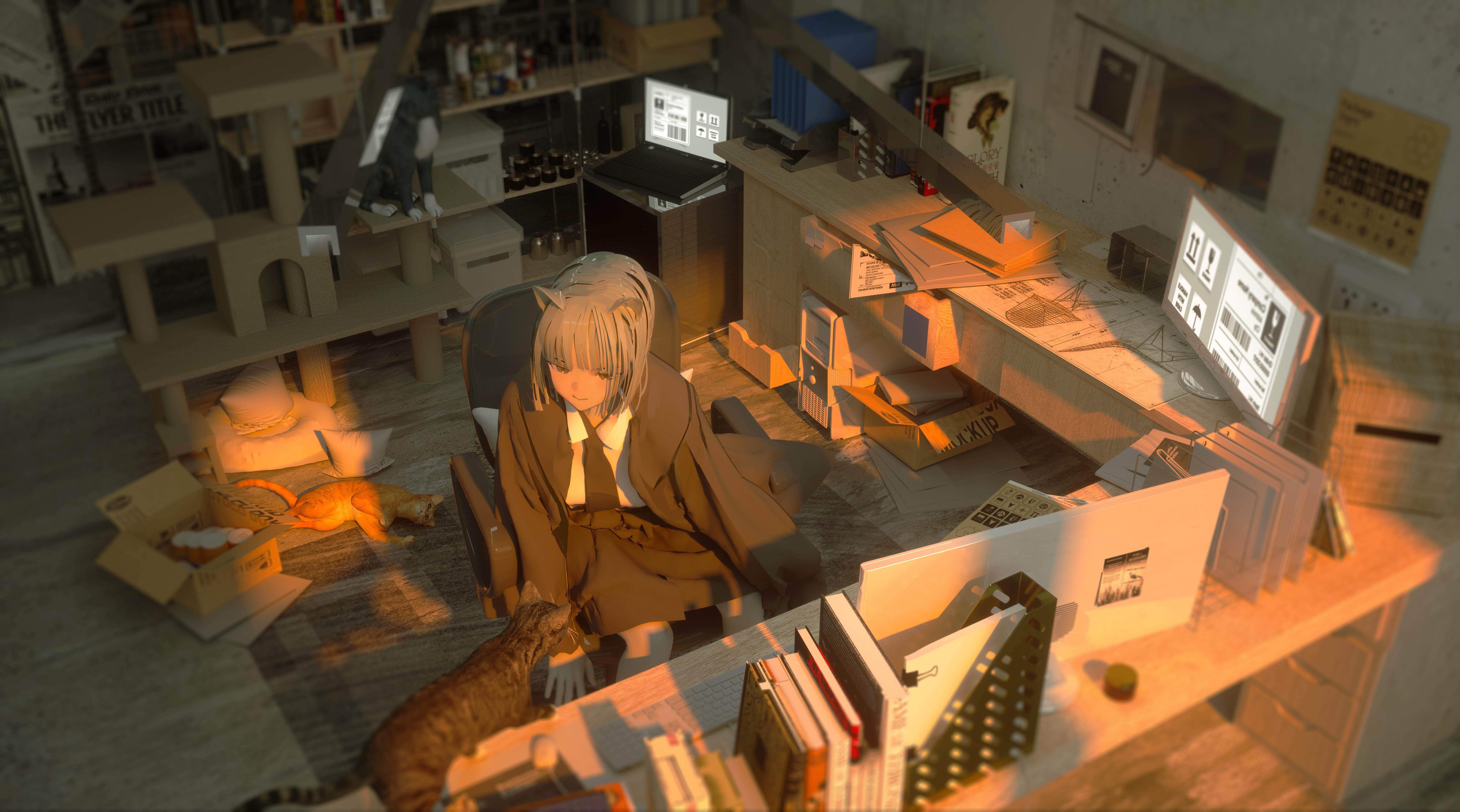 Anime 7000x3895 anime girls computer desk cats paper indoors anime