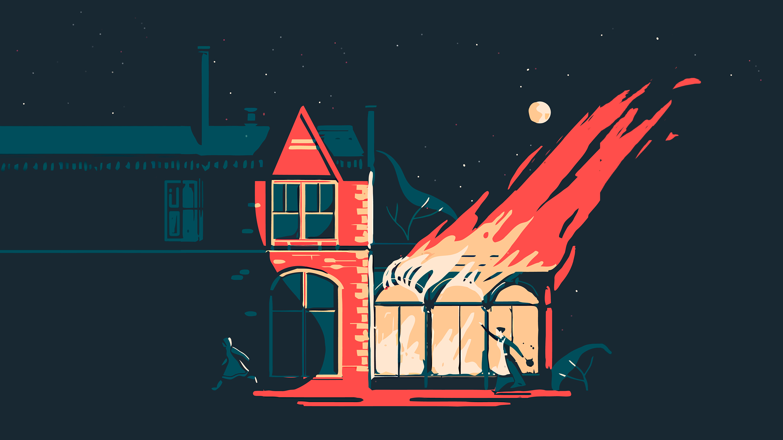General 2560x1440 fire burning night house illustration Tom Haugomat artwork burning house digital art minimalism