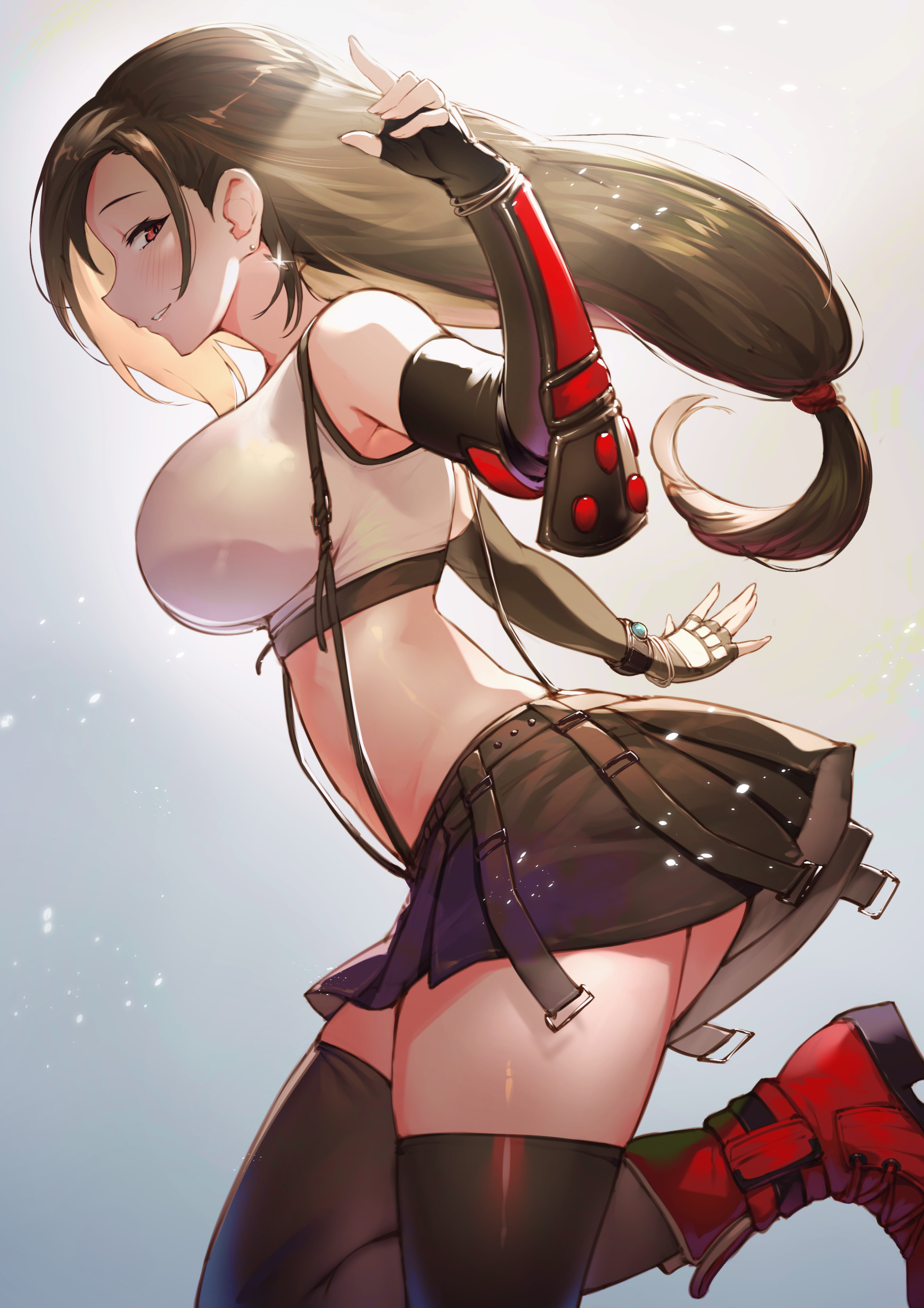 Anime 1736x2456 Tifa Lockhart Final Fantasy Final Fantasy VII video games video game characters video game girls brunette long hair arm warmers red eyes suspenders thigh-highs boots portrait display vertical 2D artwork drawing digital art illustration fan art smiling side view Pyz anime girls