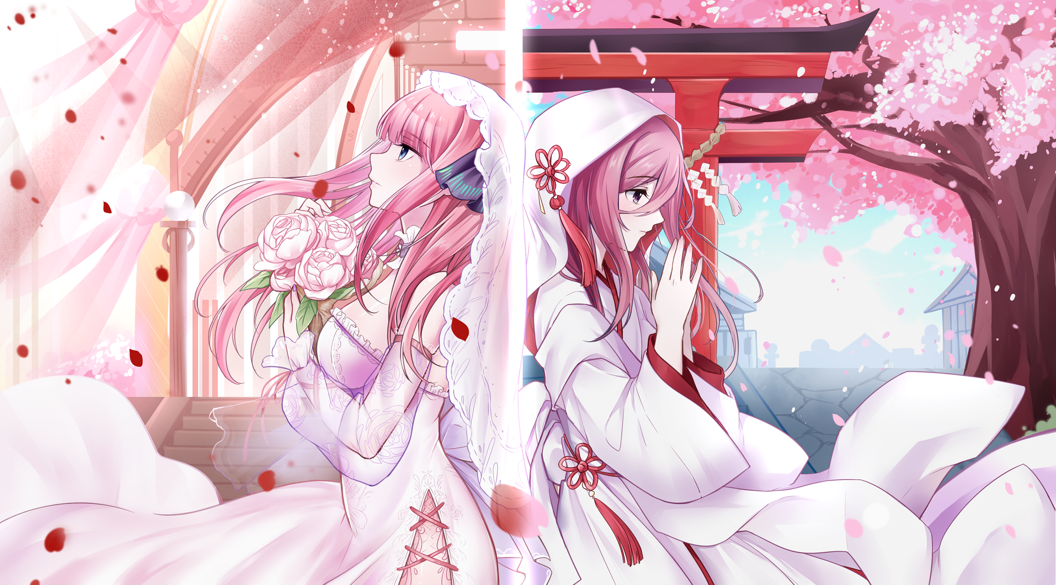 Anime 2164x1200 5-toubun no Hanayome wedding dress Nakano Nino Nakano Miku anime anime girls cherry blossom