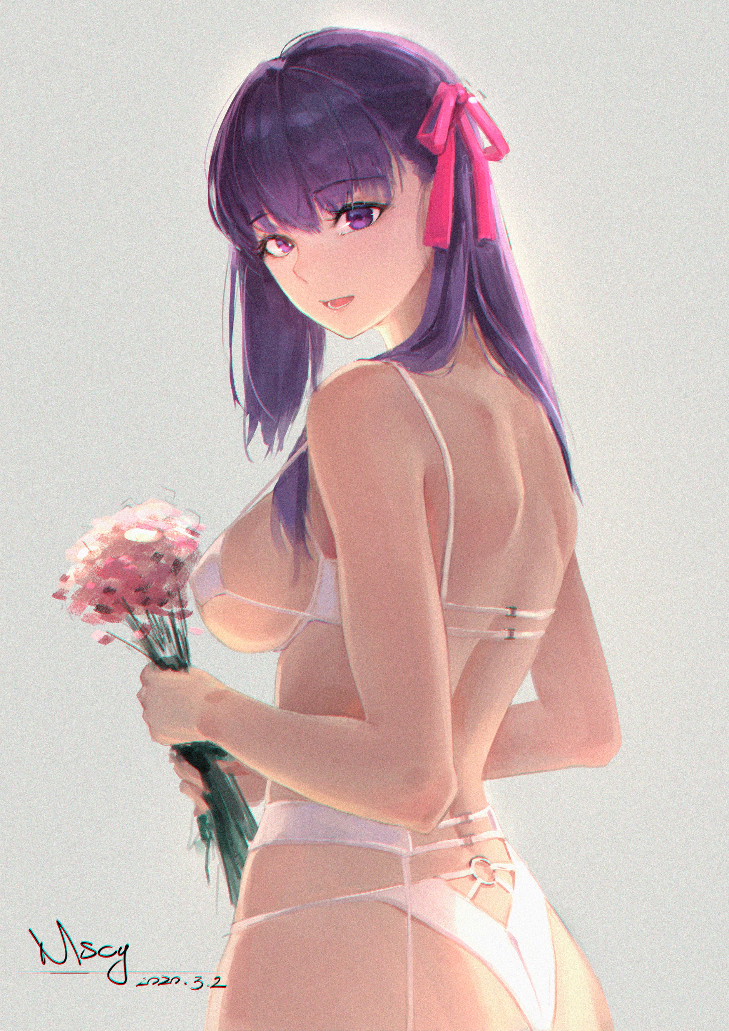 Anime 2480x3508 Fate series Fate/Stay Night fate/stay night: heaven's feel anime girls huge breasts long hair white underwear strings sideboob ecchi curvy ass glutes purple hair looking at viewer open mouth 2D Matou Sakura simple background portrait display purple eyes fan art pink roses bouquet anime