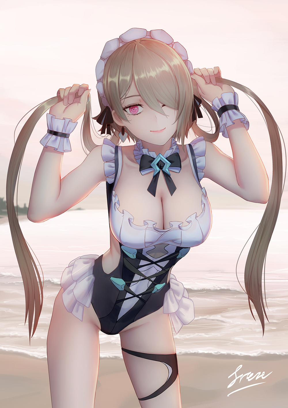 Anime 1000x1415 maid outfit Rita Rossweisse Honkai Impact 3rd ocean view cleavage anime