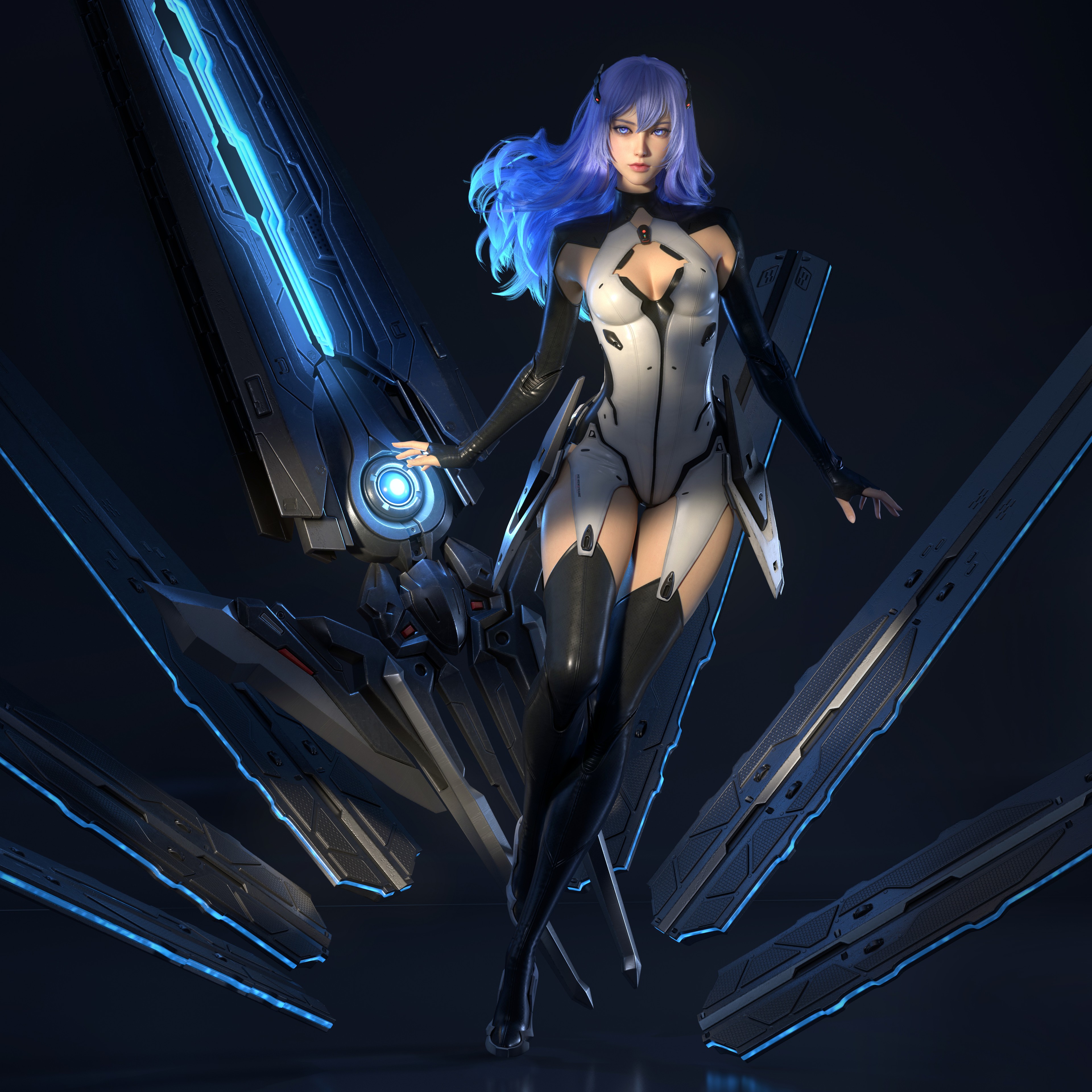Anime 3840x3840 Huifeng Huang CGI Beatless Lacia Type-005 Lacia  women blue hair long hair bodysuit blue eyes hair accessories simple background androids