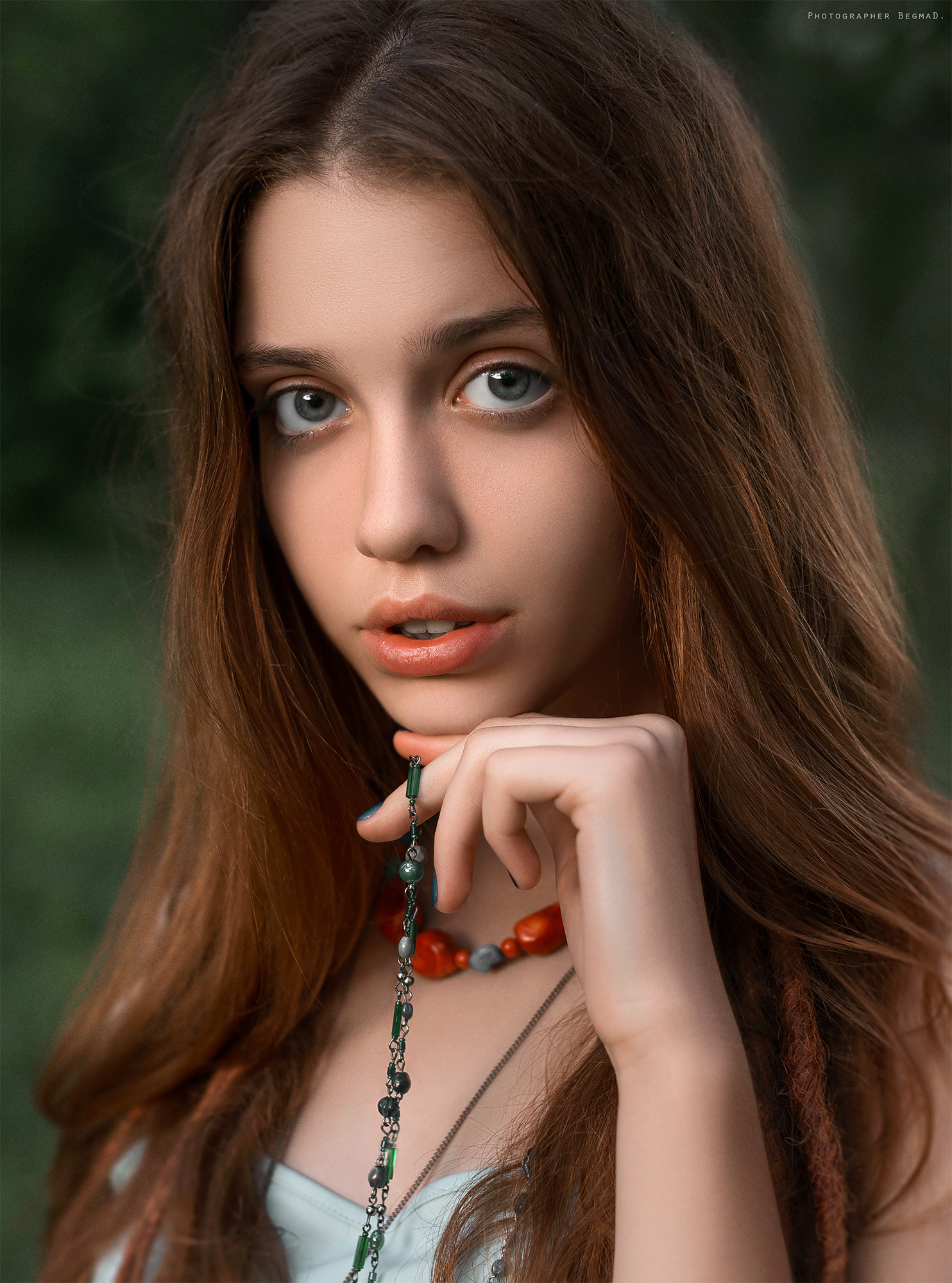 People 1484x2000 Dmitry Begma women brunette long hair blue eyes looking at viewer jewelry necklace portrait makeup lipstick open mouth painted nails blue nails face portrait display watermarked closeup