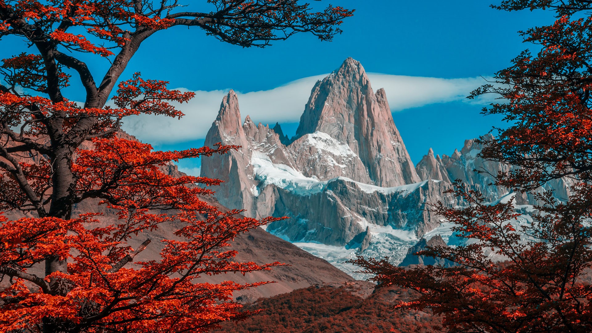 General 1920x1080 nature landscape clouds sky trees forest fall snowy mountain Monte Fitz Roy Patagonia Argentina